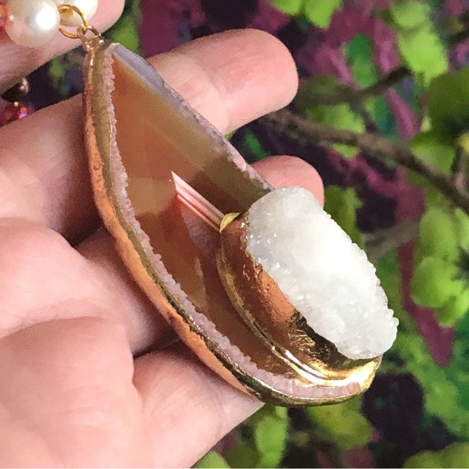 Handmade Handcrafted repurpose drusy agate slab Pearl necklace Size ONE SIZE - 11 Thumbnail