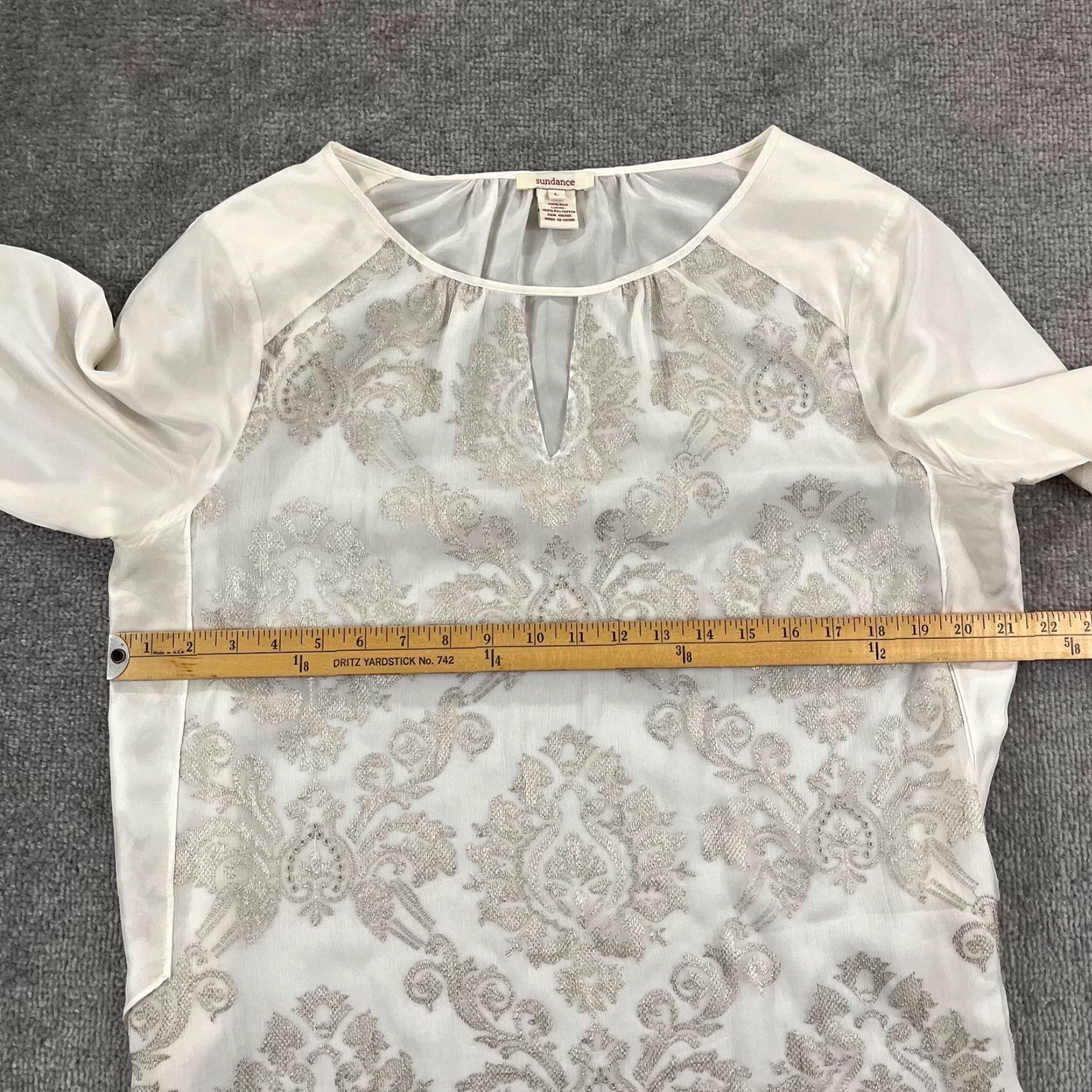 Vintage SUNDANCE Blouse Womens L White Silver Floral Embroidered Silk Sheer L/S Size L / US 10 / IT 46 - 5 Thumbnail