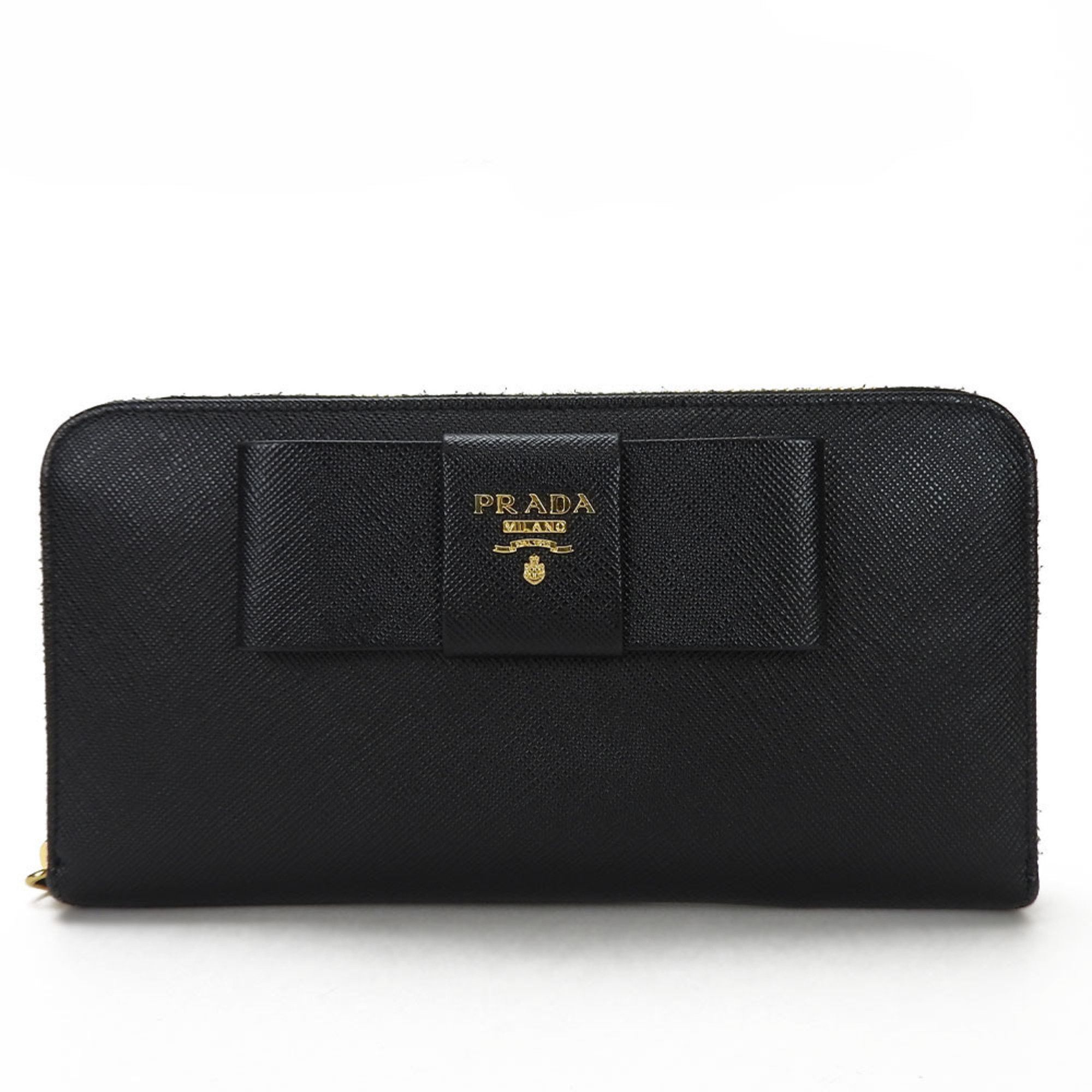 image of Prada 1Ml506 Round Long Wallet Saffiano Ribbon Black Leather Women's Zip Around Long Wallet Black R
