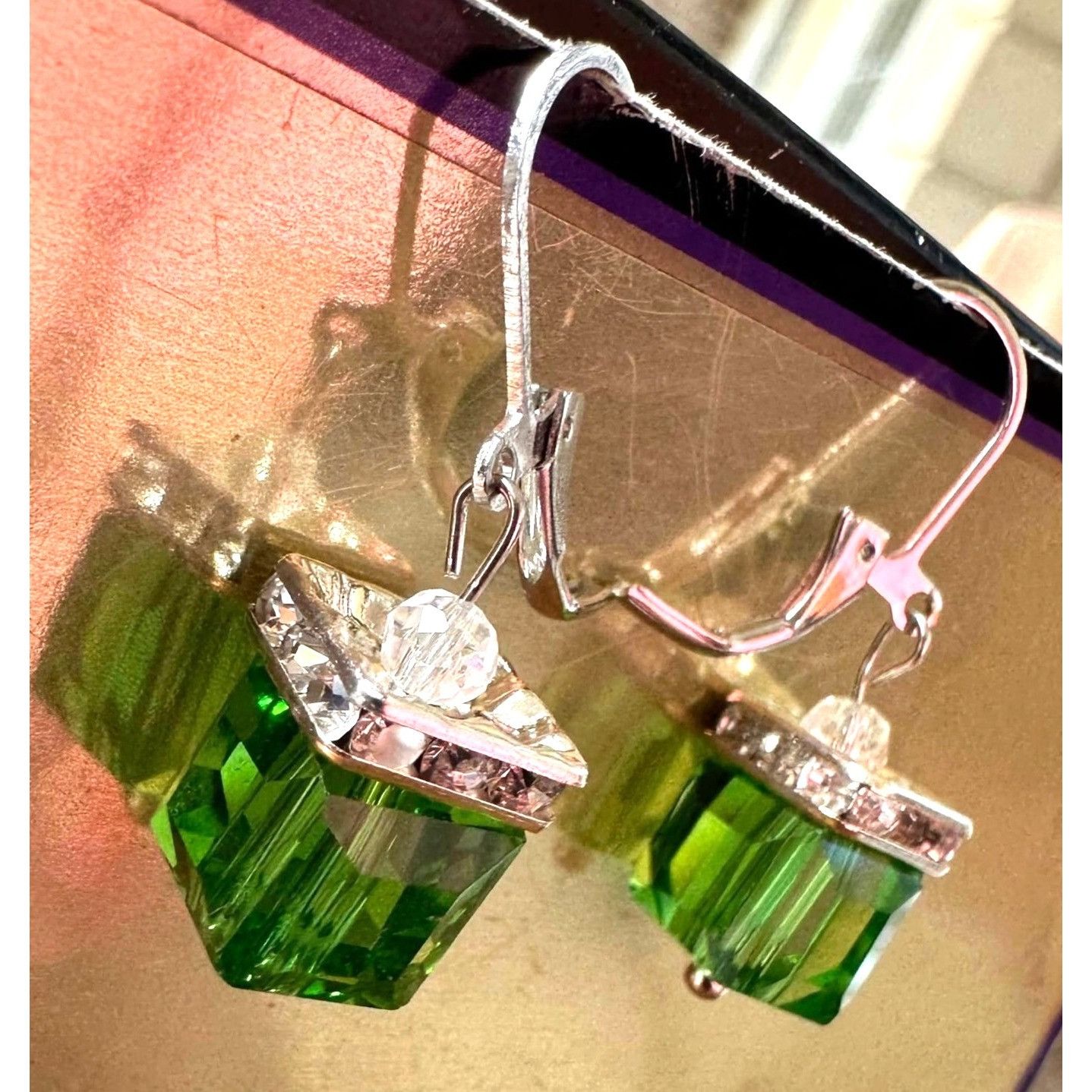 Designer × Handmade Light Emerald Earrings New Square Cube Rhinestones Wedding B Size ONE SIZE - 2 Thumbnail