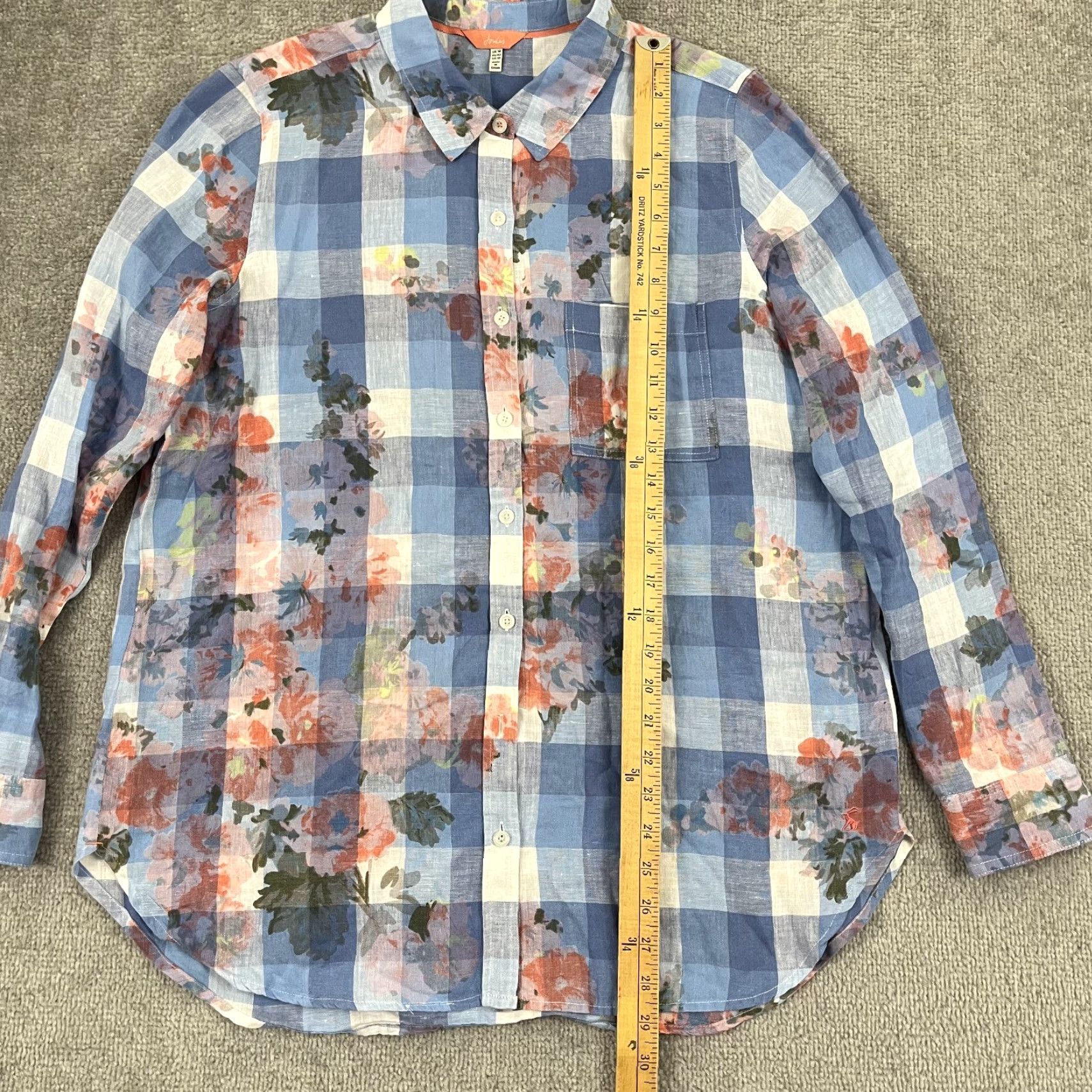 Vintage Joules Button Up Shirt Womens UK 14 / US 10 Blue Plaid Floral Jeanne Linen Boho Shirt Size XL / US 12-14 / IT 48-50 - 4 Thumbnail