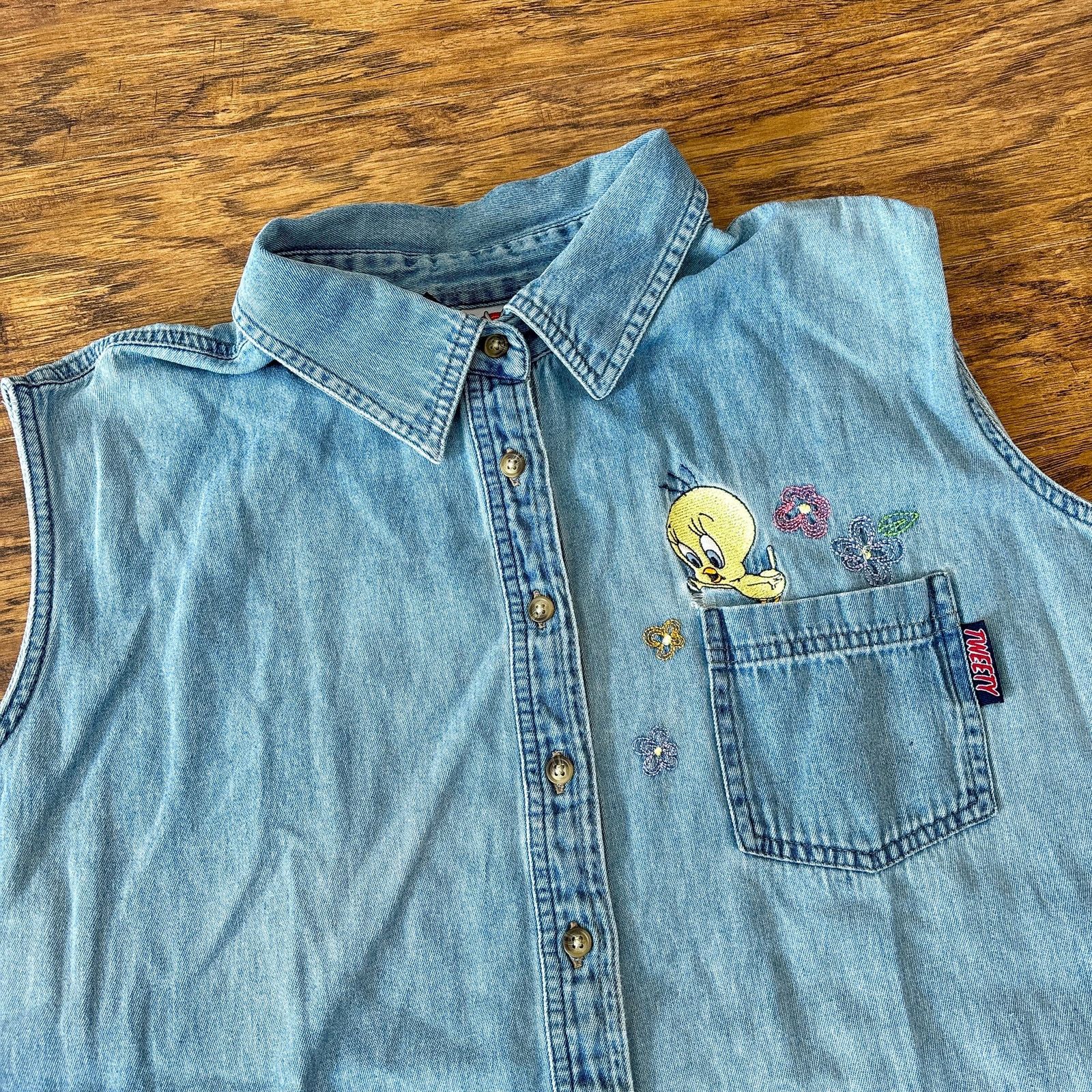 Vintage Vtg Looney Tunes Tweety Bird Flowers Denim Sleeveless Shirt Size 3XL / US 20-22 - 2 Thumbnail