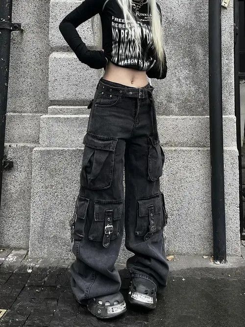 Jean Black Multi Pocket Cargo Denim Jeans with Straps Size US 28 / EU 44 - 5 Thumbnail