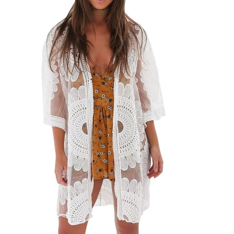 Other White Floral Long Sleeve Swimsuit Cover Up Long Kimono Size ONE SIZE - 3 Thumbnail