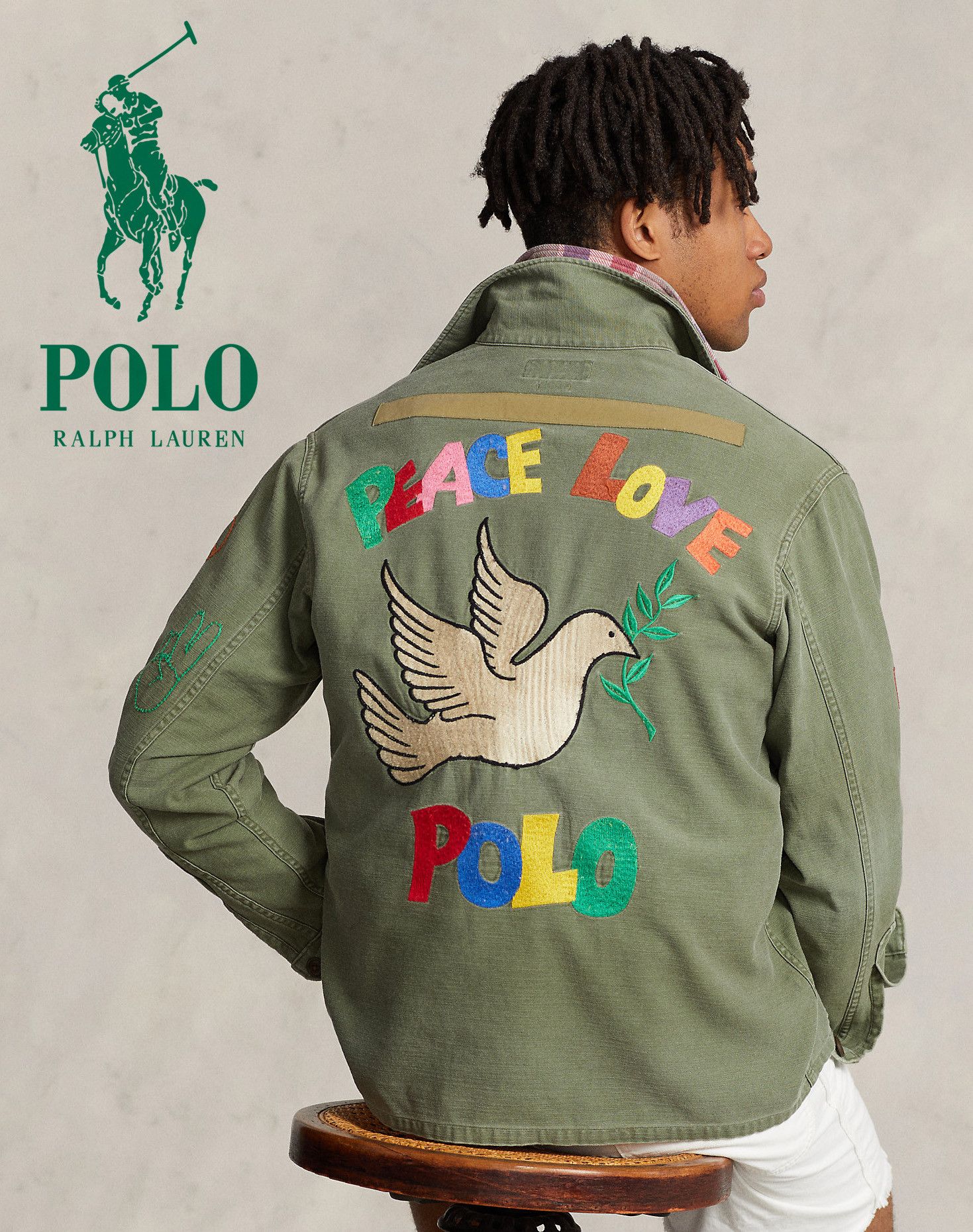 Popular Polo Ralph Lauren unisex Peace Love Polo Green Military Jacket