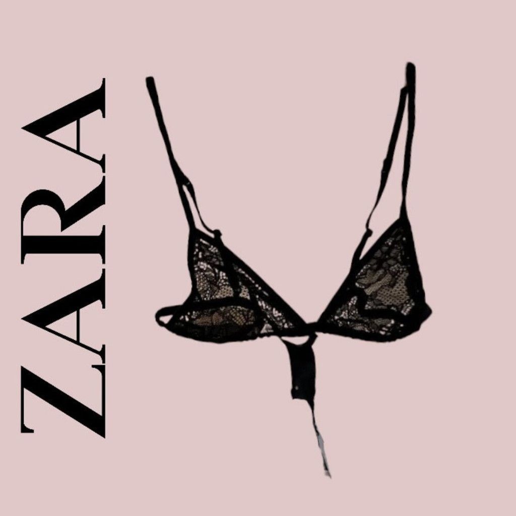 Zara NWT Zara Black Satin Lace Triangle Bra Adjustable Straps Size ONE SIZE - 1 Thumbnail