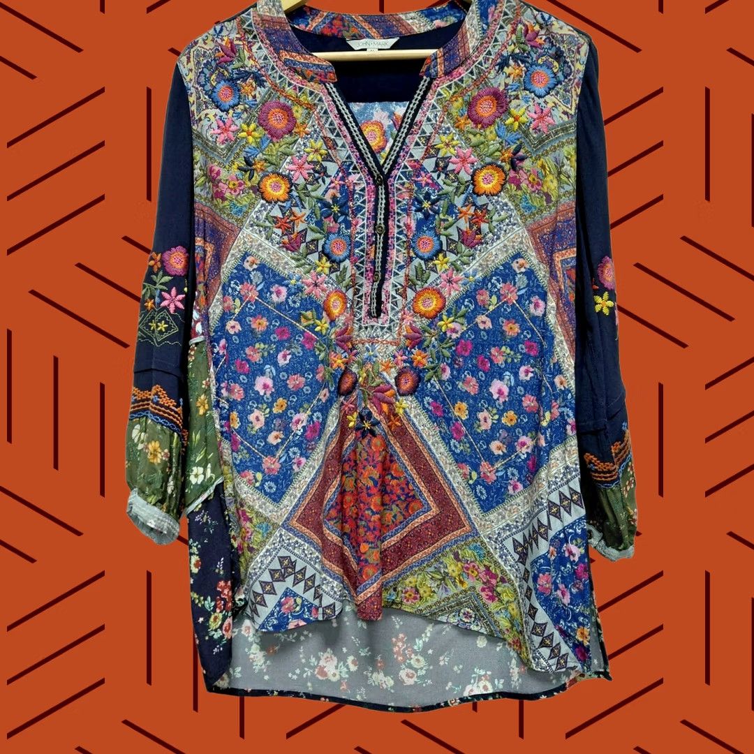 Vintage John Mark Top Womens M Floral Embroidered Tunic Woven Sleeve Women Size Size M / US 6-8 / IT 42-44 - 1 Thumbnail