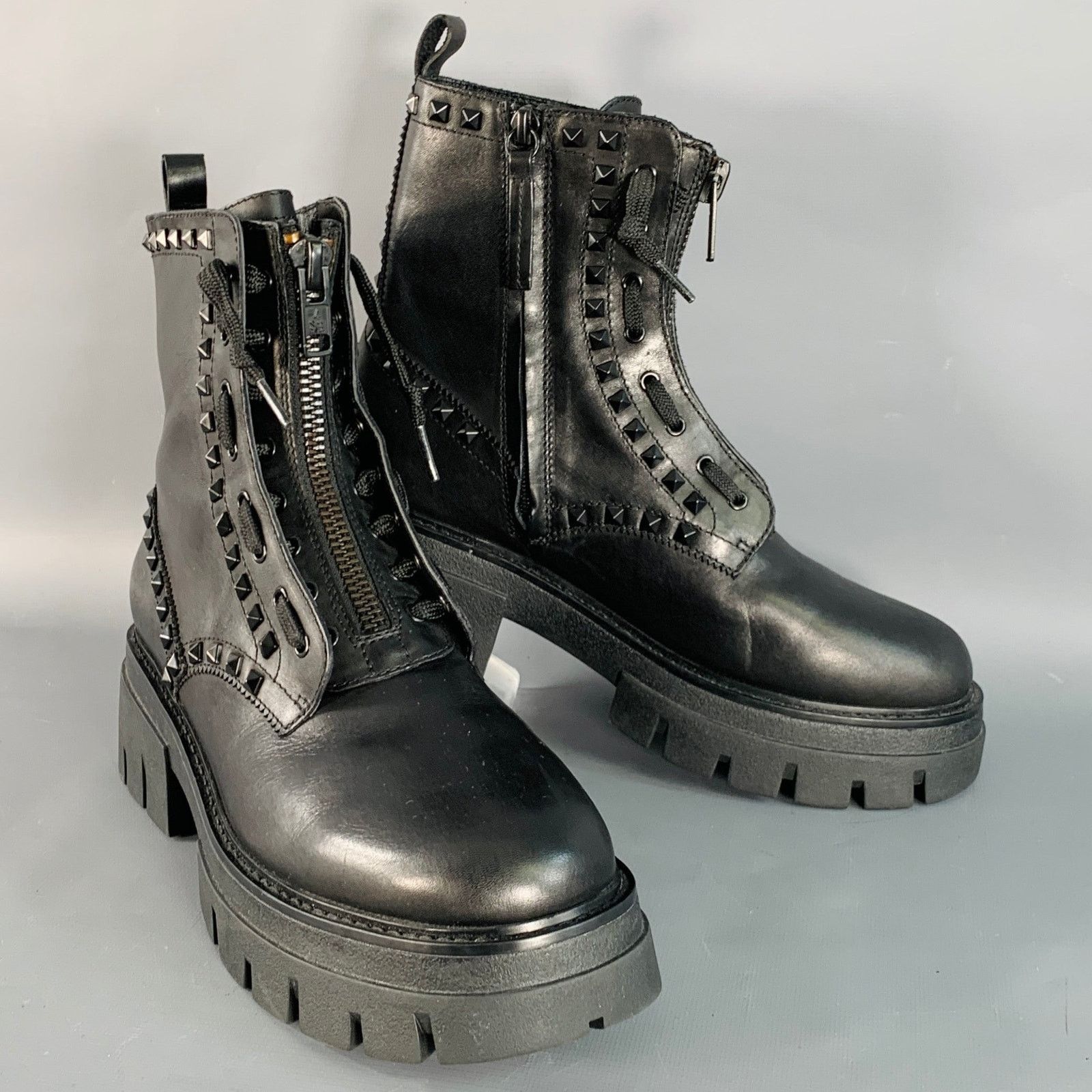 ASH Lynch Studs Black Studded Leather Lug Sole Zip Up Combat Size US 10 / IT 40 - 1 Thumbnail