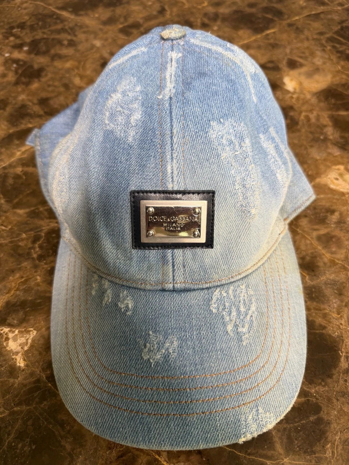 Dolce & Gabbana Silver Logo Plate Denim Distressed Hat Size ONE SIZE - 1 Thumbnail