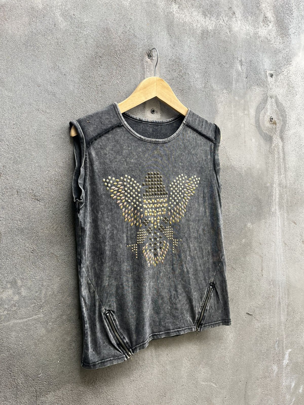 Le Grande Bleu (L.G.B.) Acid Wash Studded Sleeveles Tee – Zipper Split Hem Rock Punk Size US M / EU 48-50 / 2 - 6 Thumbnail