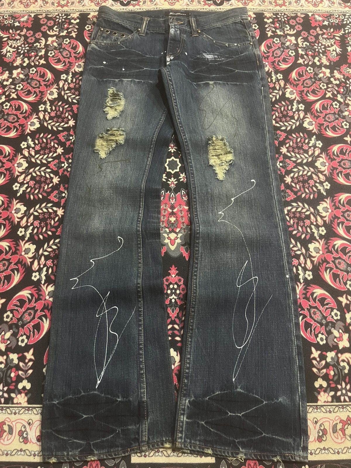 Japanese Brand Root Three Distressed Crack Paint Flare Jean