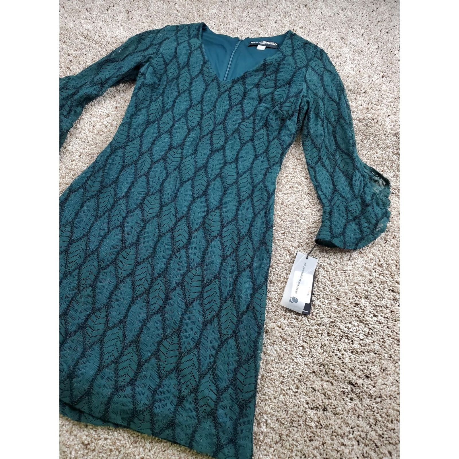 Karl Lagerfeld Karl Lagerfeld Paris Dress Womens 2 Green Leaf Lace Long Sleeve V Neck Party Cocktail Sheath Size XS / US 0-2 / IT 36-38 - 2 Thumbnail