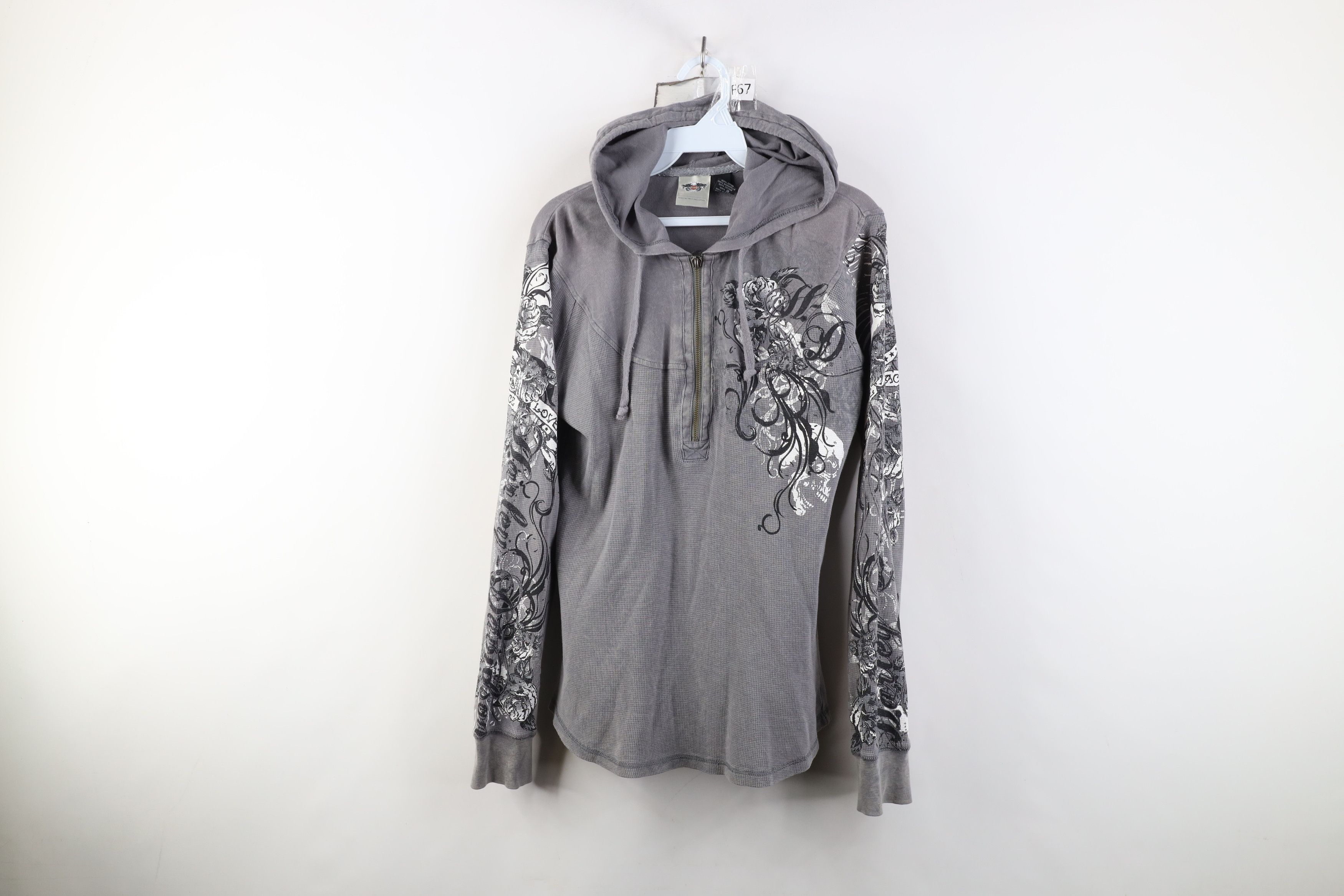 Vintage Y2K Harley Davidson Flower Thermal Knit Hoodie Gray