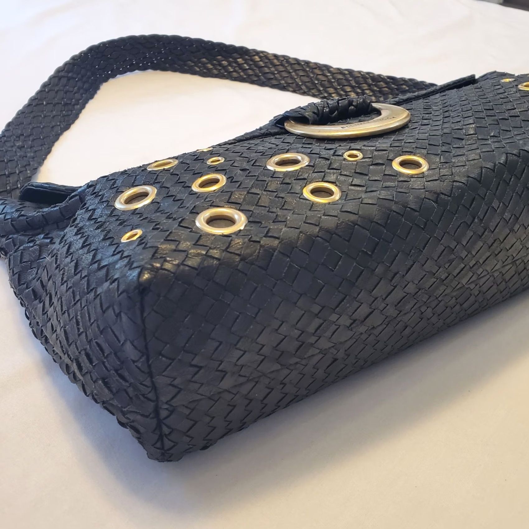 Vintage Elliott Lucca Black Leather Braided Slouch Shoulder Bag Bronze Bubble Hardware Ladies Medium Bag Size ONE SIZE - 3 Thumbnail