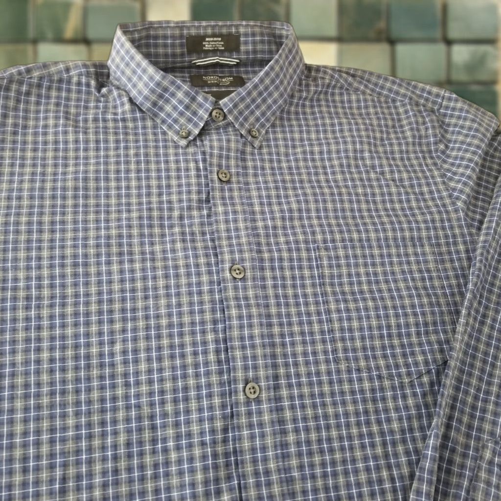 Nordstrom Nordstrom Shirt Button-Up Men XL Blue Check Cotton Long Sleeve Button-Down Casual Workwear Size US XL / EU 56 / 4 - 1 Thumbnail