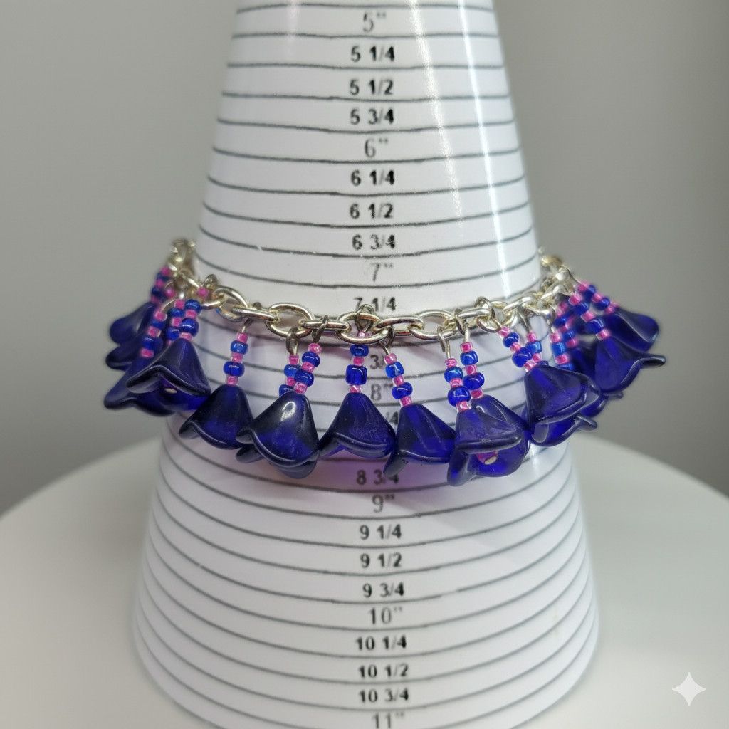 Handmade Charm Bracelet 7.25" Handmade Cobalt Blue Flower Czech Press Size ONE SIZE - 7 Thumbnail