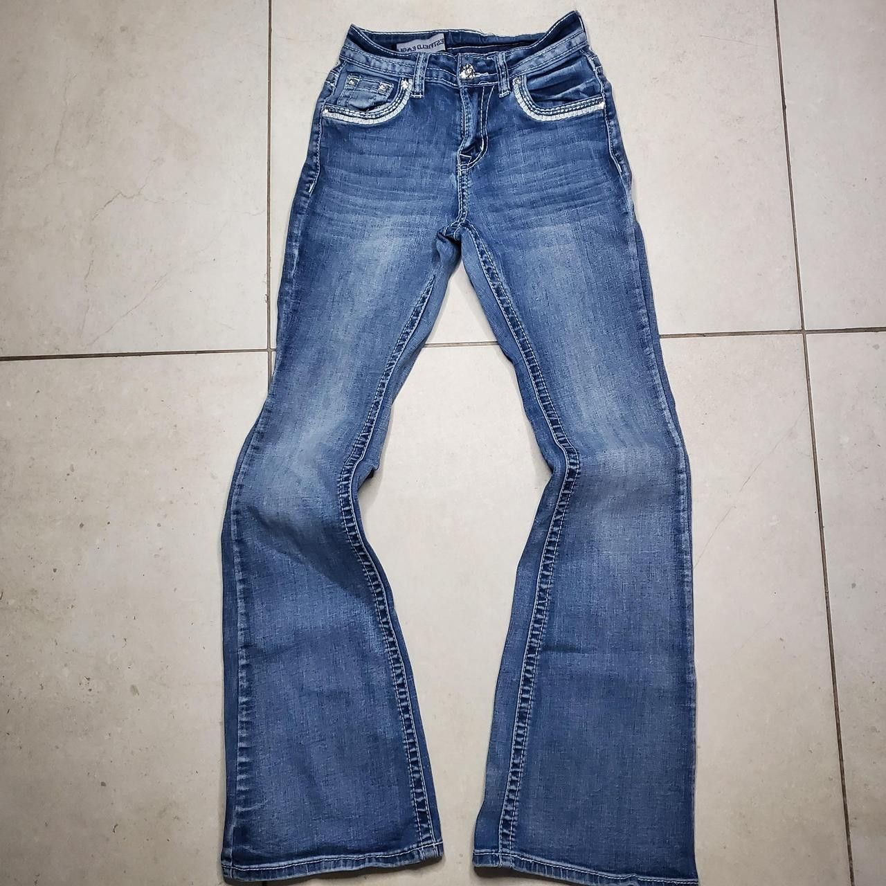 Rock Revival Westfield Eagle Jeans Blue Flared Mid Rise Rhinestones Size 24" / US 00 / IT 34 - 2 Thumbnail