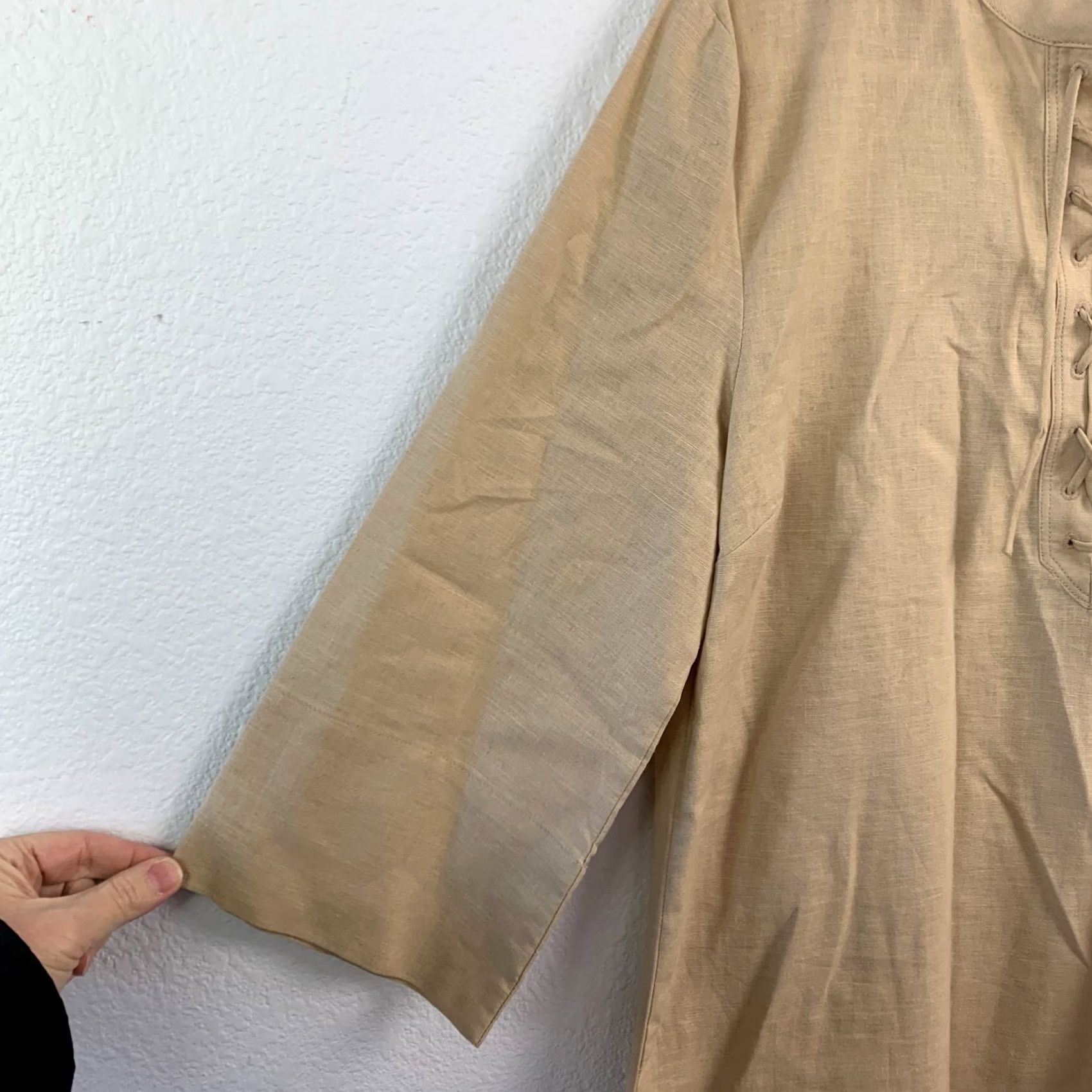 George George Linen Mandarin Lace-up Blouse Top Shirt Womens M Beige 3/4 Sleeve 55% Linen 45% Cotton N/A Size M / US 6-8 / IT 42-44 - 2 Thumbnail