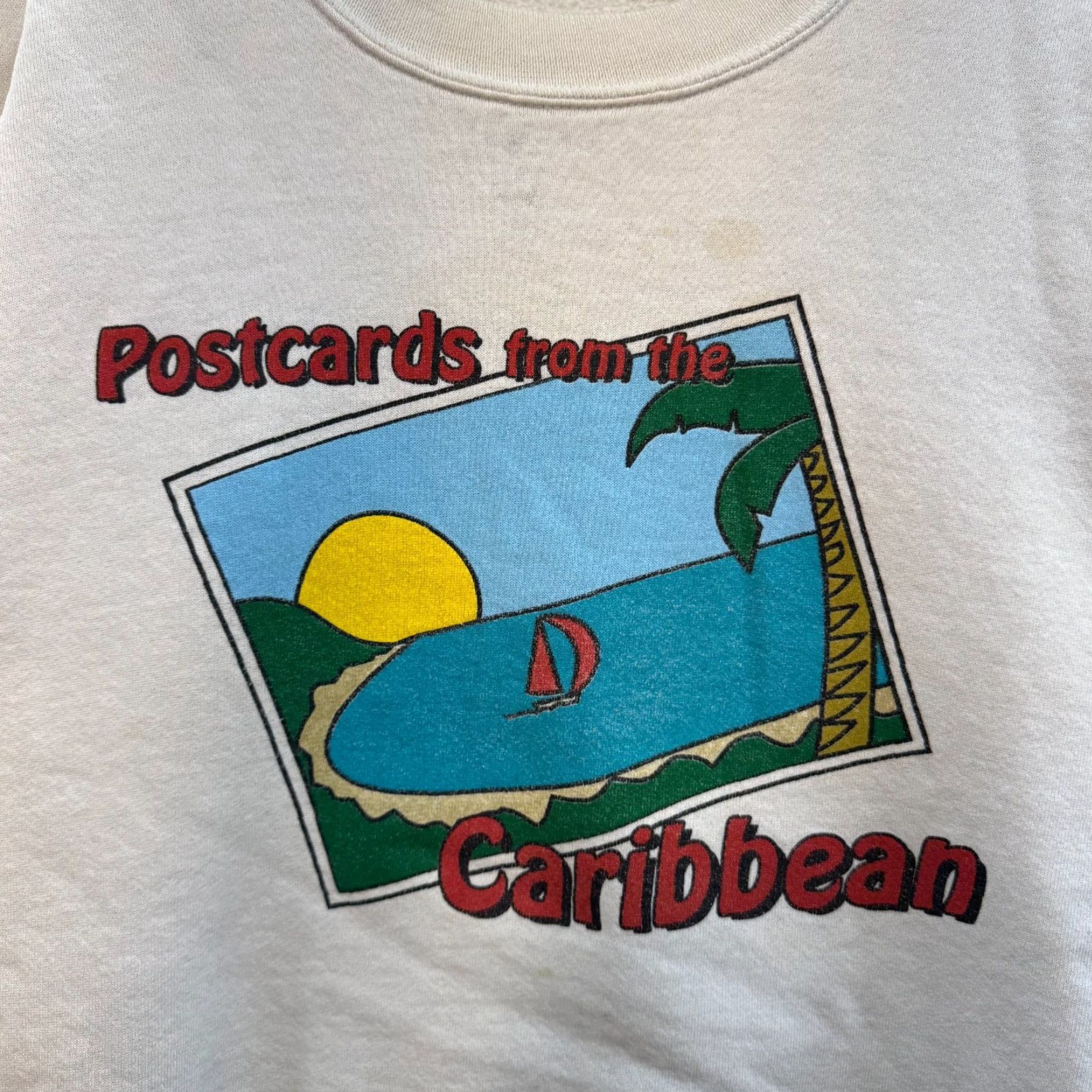 Vintage VINTAGE Sweatshirt Sweater Large XL Postcards from the Caribbean White Crewneck Mens L/XL Stains 1990s Size US L / EU 52-54 / 3 - 3 Thumbnail