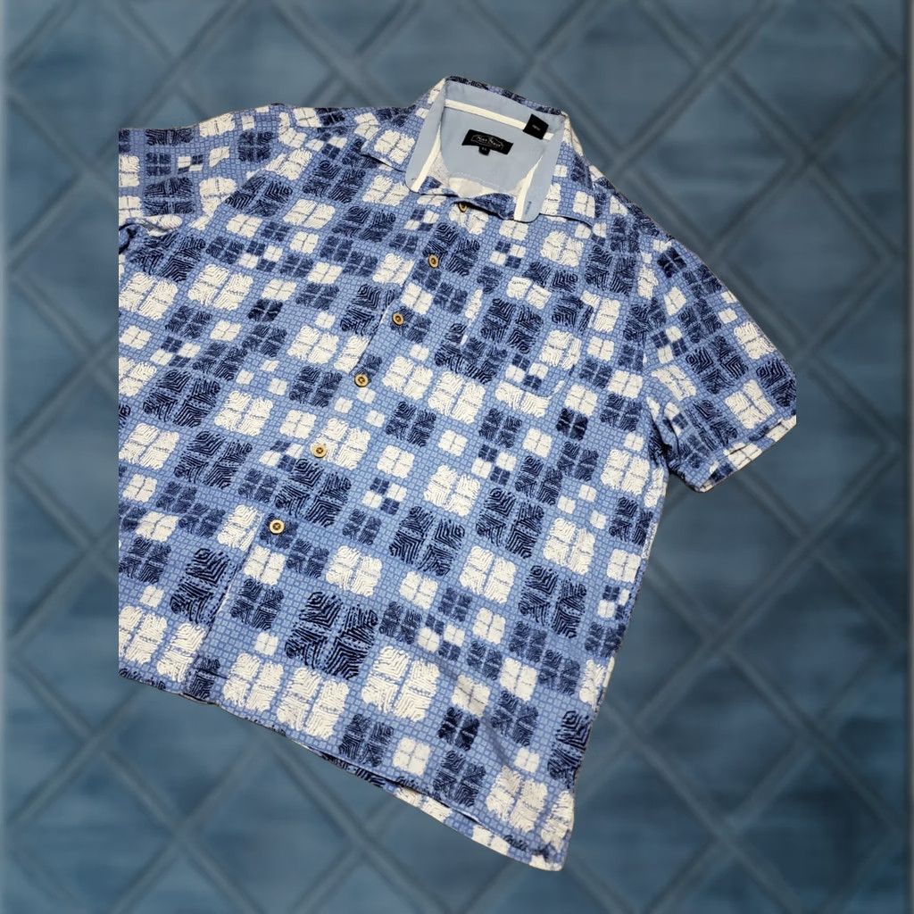 Nat Nast Nat Nast Shirt XL Mens Blue Silk Blend Geometric Tribal Short Sleeve Button Up Size US XL / EU 56 / 4 - 1 Thumbnail