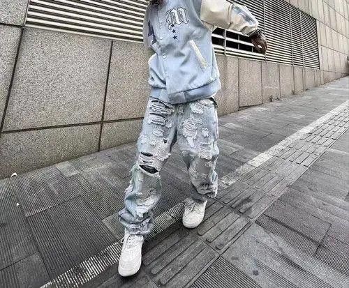 Distressed Baggy Denim Jeans Ripped Jeans