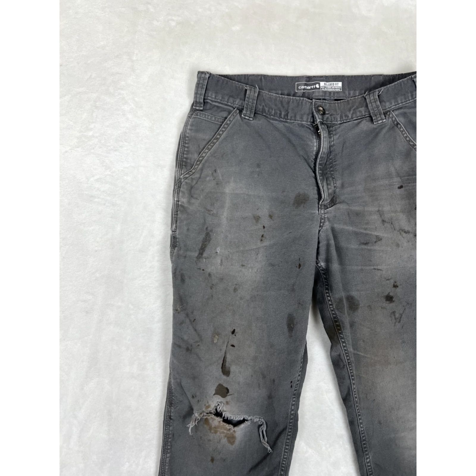 Carhartt Carhartt 34x30 Men's Relaxed Fit Canvas Pants BN2291M Gray Stained Grunge Vintage No Casual Workwear Carpenter 5-Pocket Logo Zipper Button Size US 34 / EU 50 - 3 Thumbnail