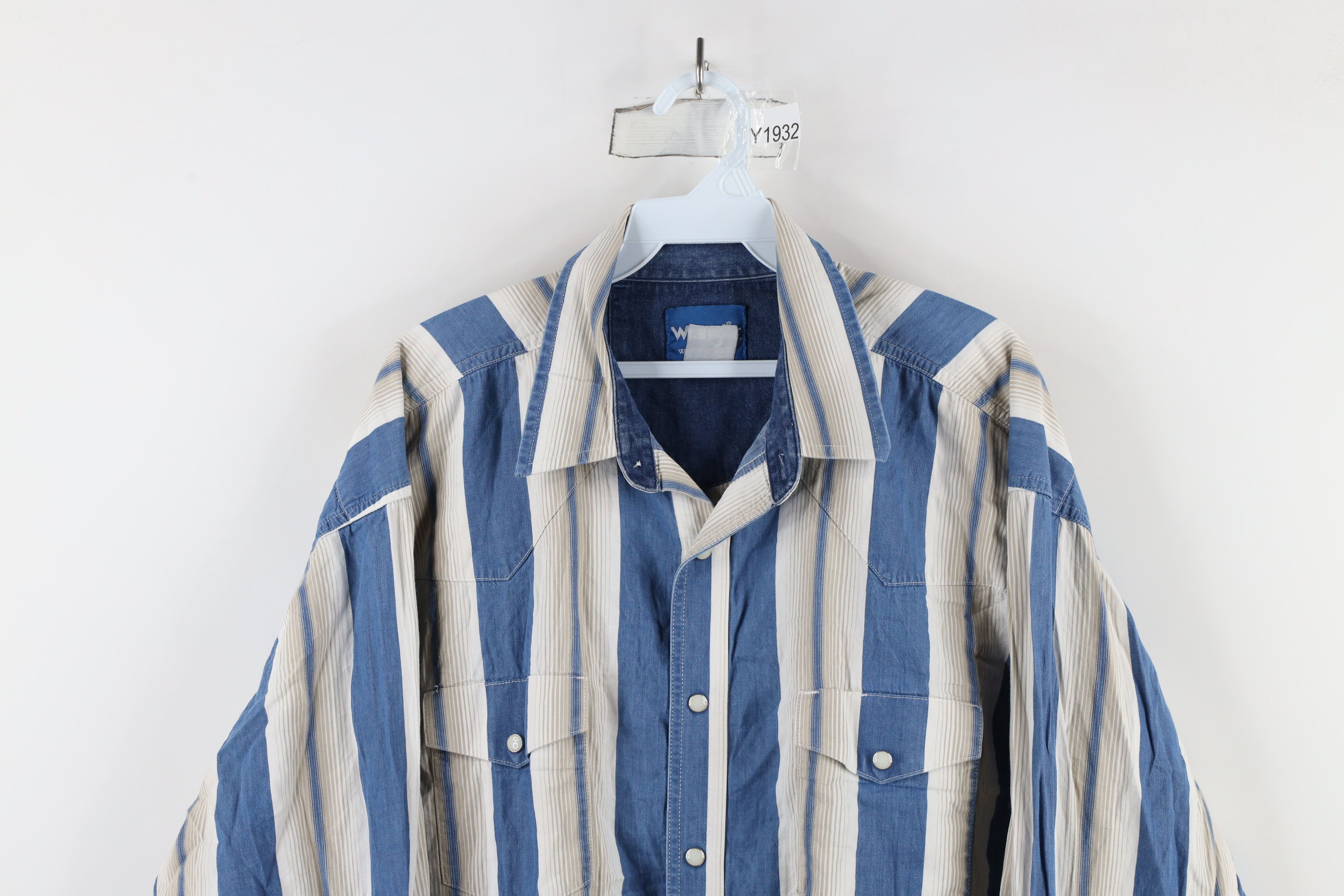 Vintage × Wrangler Vintage 90s Wrangler Striped Western Snap Button Shirt Blue Size US XXL / EU 58 / 5 - 2 Thumbnail