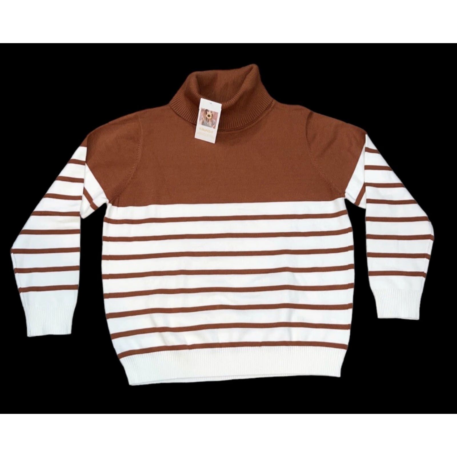 Vintage KIRUNDO Women’s XL Burnt Orange Rust Cream Striped Sweater Long Sleeve Cowl Neck Knit Woolless? (Wait) Size XL / US 12-14 / IT 48-50 - 2 Thumbnail