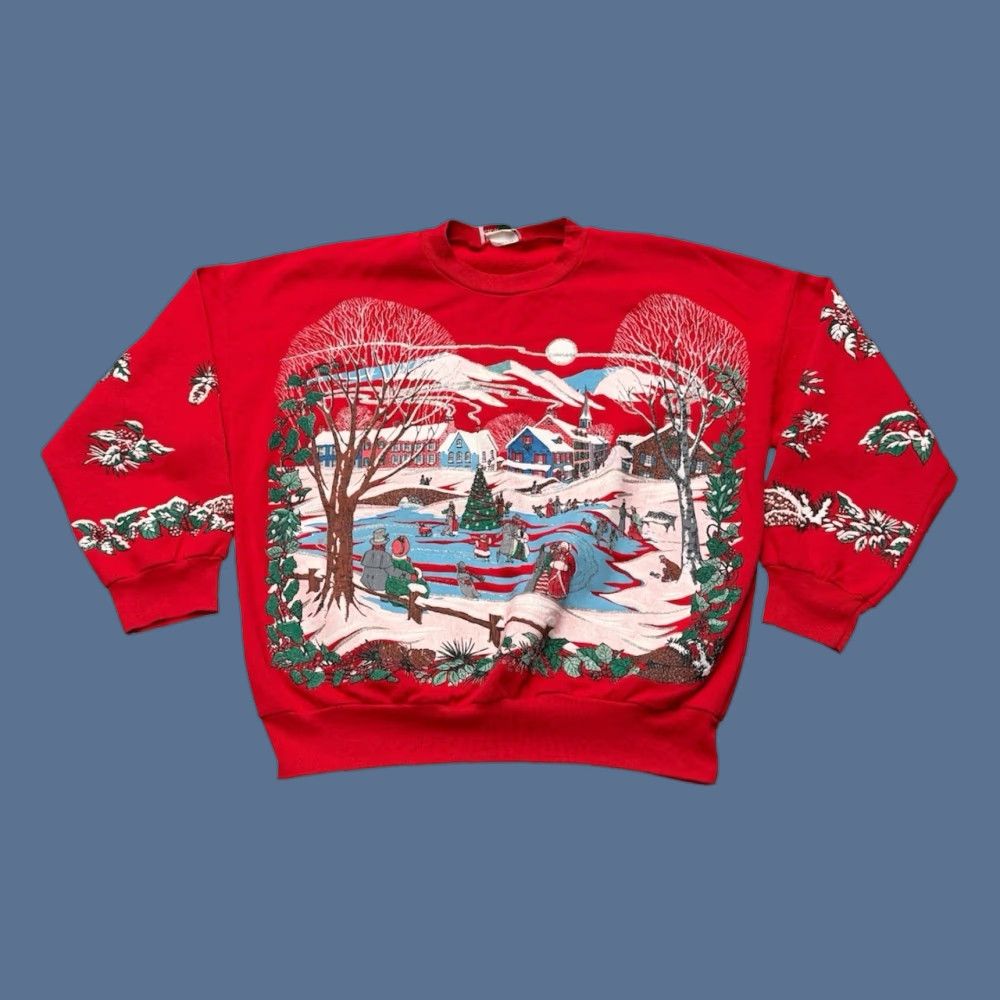 Vintage VINTAGE Nutcracker Sweater 90s Christmas Red Large Crew Neck Unisex Adults Long Sleeve Pullover Graphic Print Town Ice Skating Scene Size US L / EU 52-54 / 3 - 1 Thumbnail