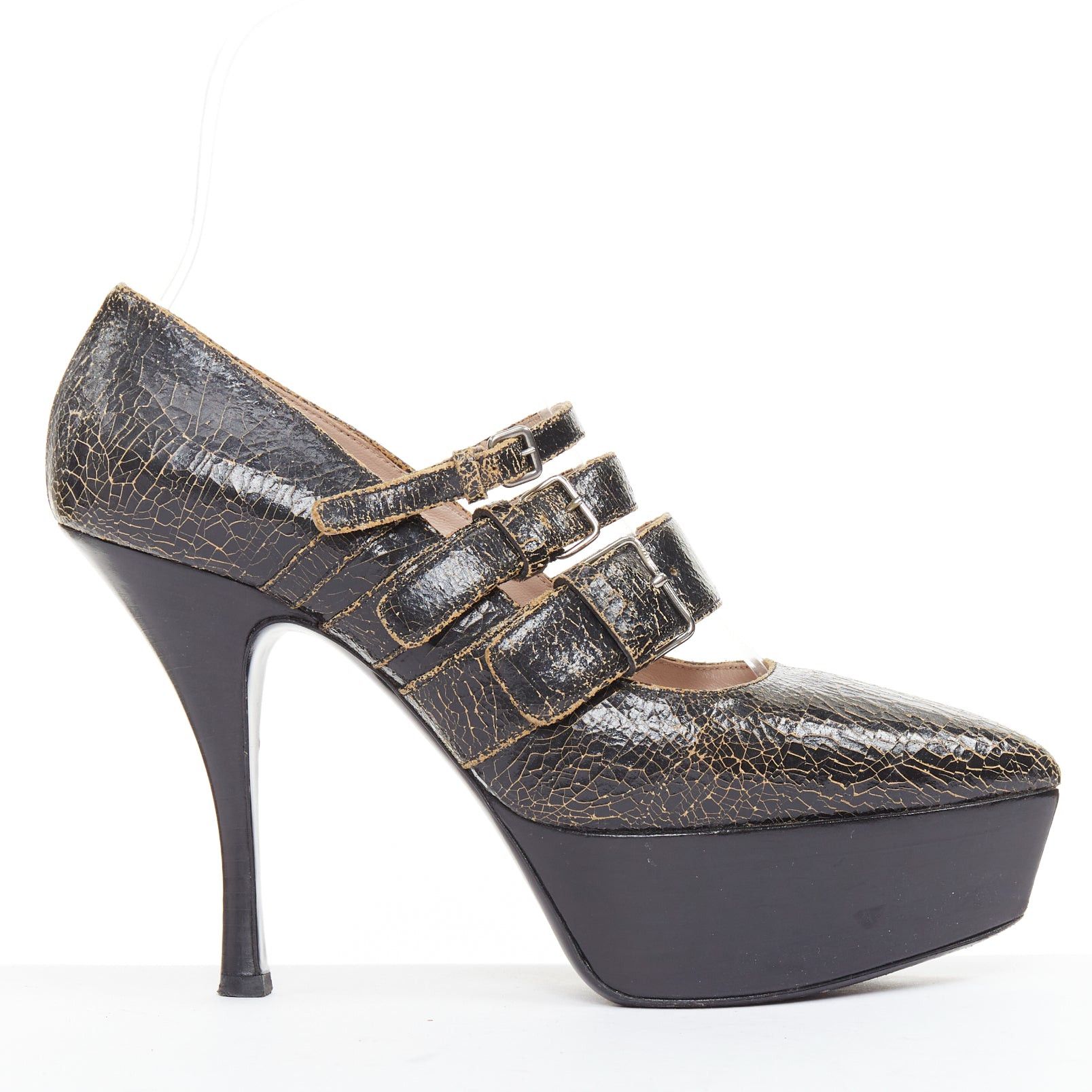 Miu Miu MIU MIU dark brown cracked effect leather triple strap platform heels EU37 Size US 7 / IT 37 - 1 Thumbnail