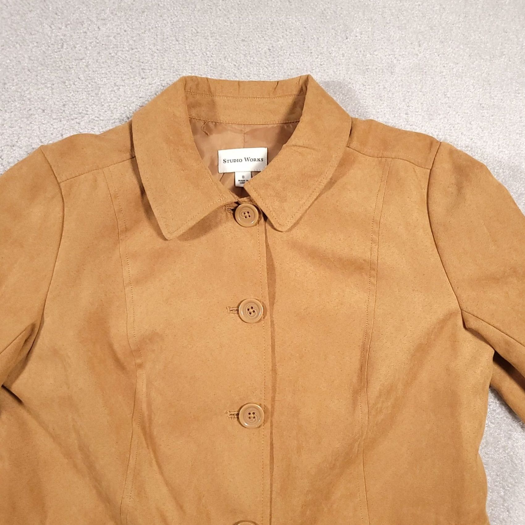 Vintage Studio Works Faux Suede Button Up Shirt Women's 8 Tan Long Sleeve Collared Lined Shirt Size M / US 6-8 / IT 42-44 - 3 Thumbnail