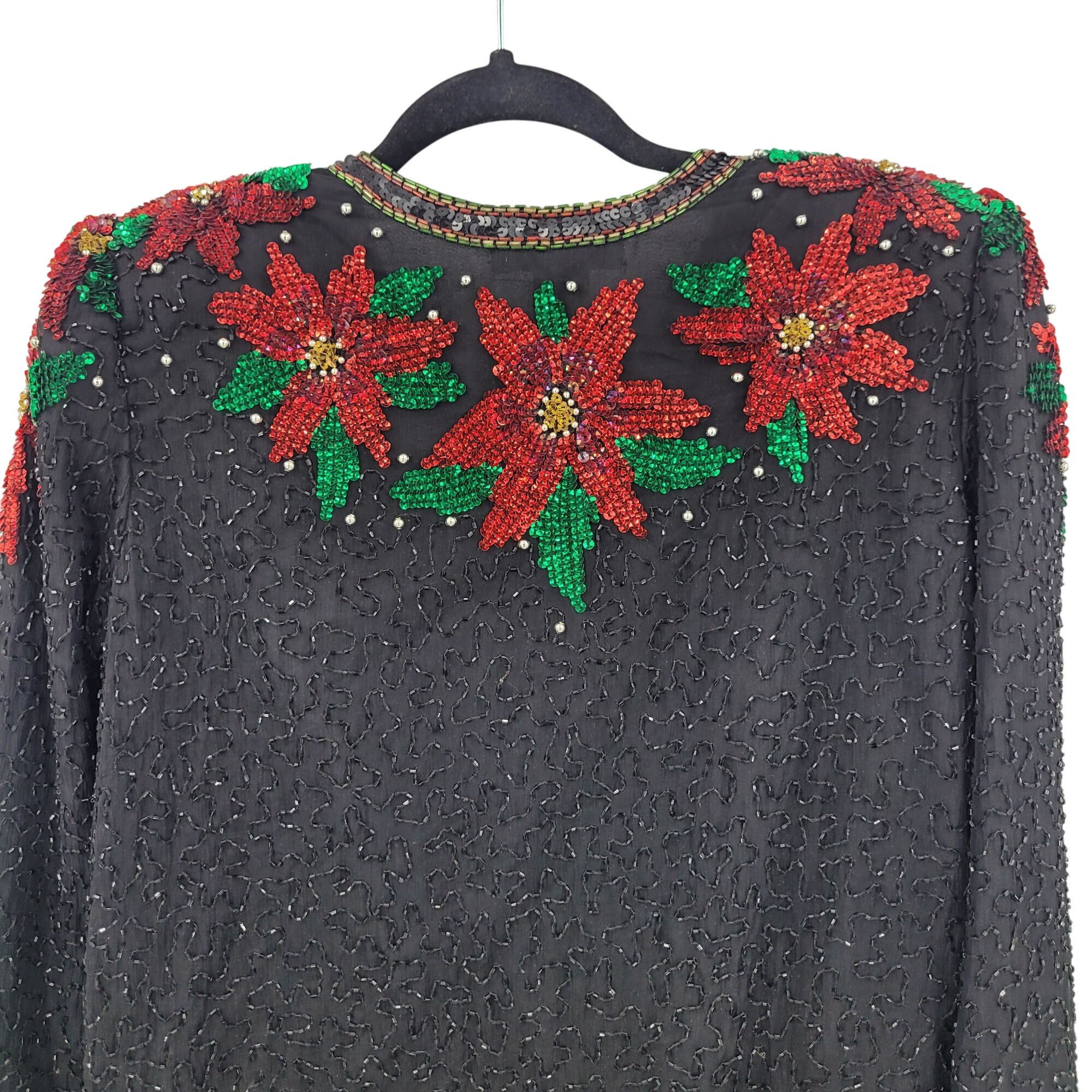Vintage Vtg 80s Black Silk Red Poinsettia Beaded Jacket Cardigan Sz Size S / US 4 / IT 40 - 8 Thumbnail