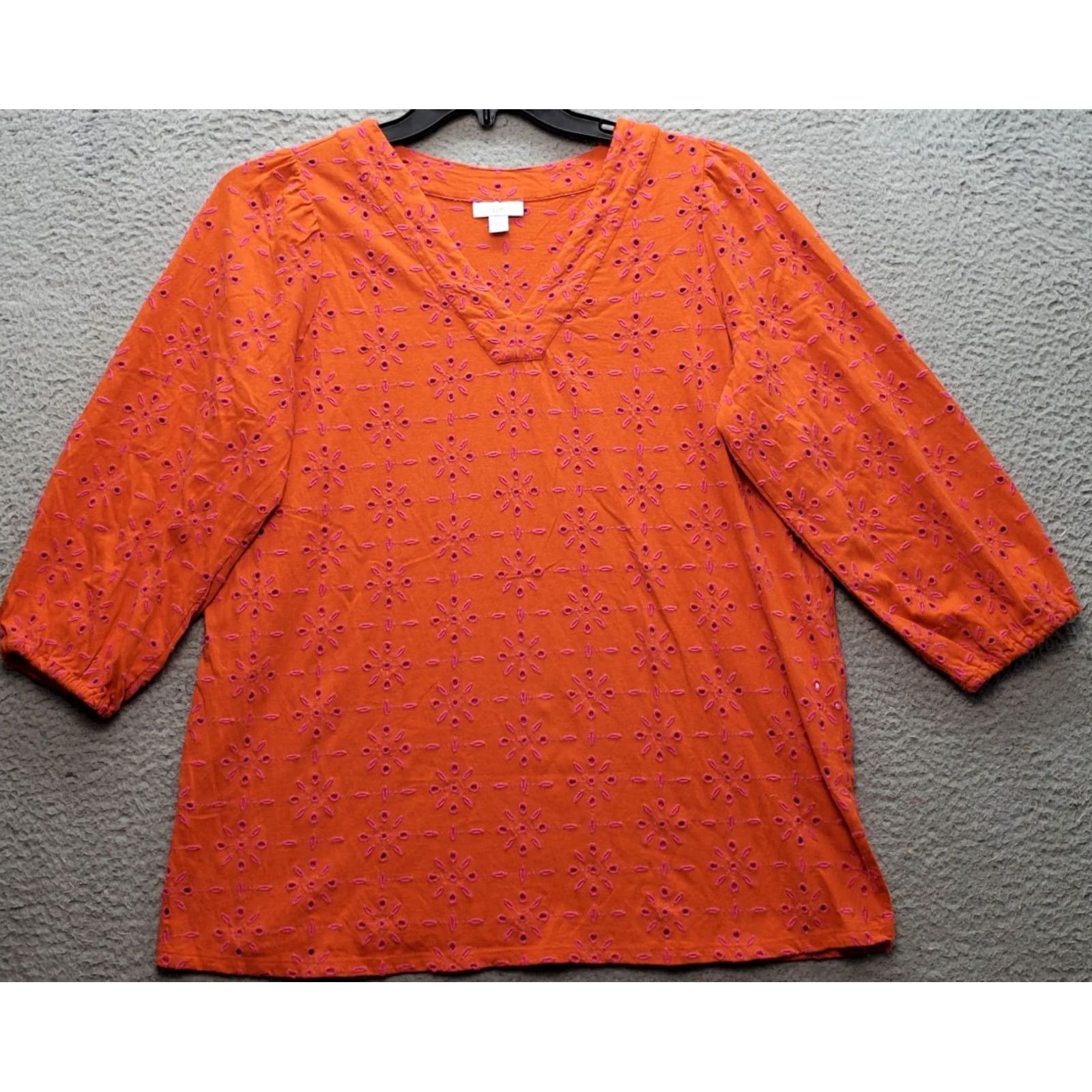J. Jill J. Jill Tunic Top Womens Small Multicolor Embroidered Eyelet Balloon Sleeve V-Neck Shirt Size S / US 4 / IT 40 - 2 Thumbnail
