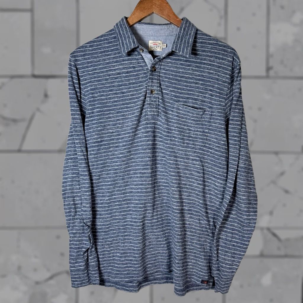 Faherty Faherty Polo Shirt Mens Size M Blue Striped Long Sleeve organic Cotton blend Pocket Size US M / EU 48-50 / 2 - 1 Thumbnail