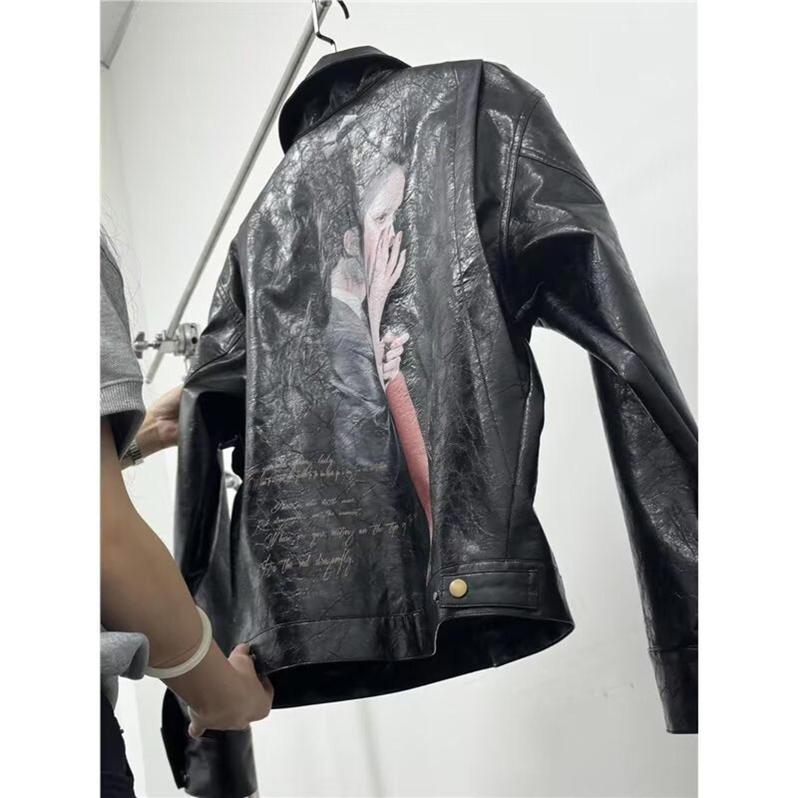 Japanese Brand Black Faux Leather Graphic Print Jacket, Relaxed Fit Size US M / EU 48-50 / 2 - 2 Thumbnail
