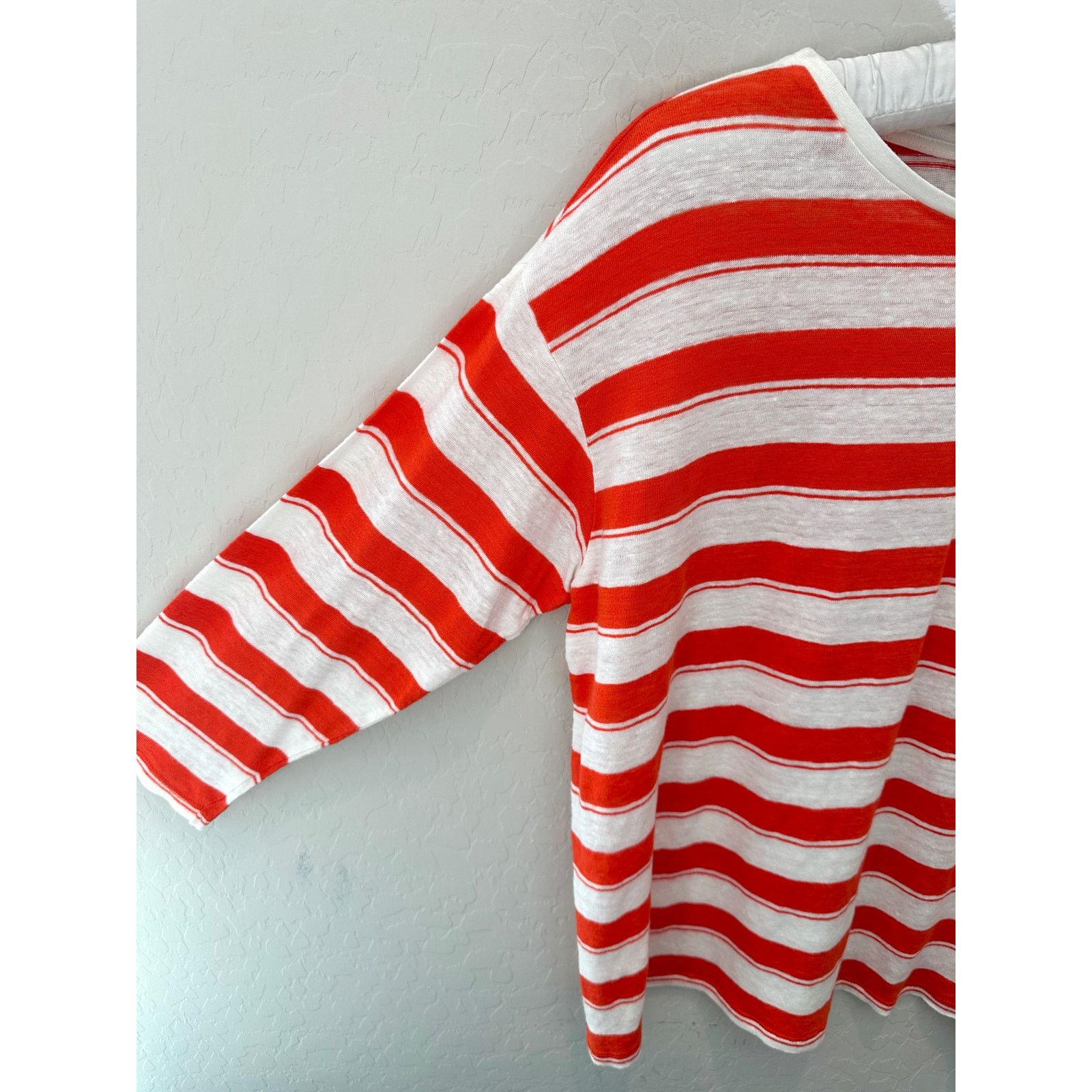 LK Bennett L.K.BENNETT | Orange White Striped Linen 3/4 Sleeve Top Size L / US 10 / IT 46 - 3 Thumbnail