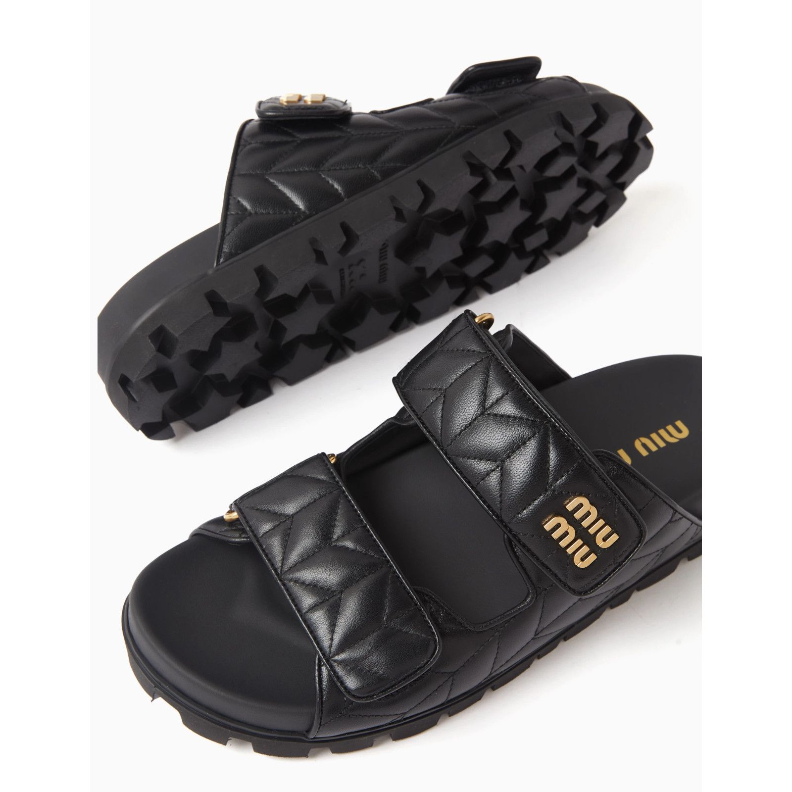 Miu Miu Miu Miu Matelasse Black Gold Logo Flat Slide Sandal 39 Size US 9 / IT 39 - 3 Thumbnail