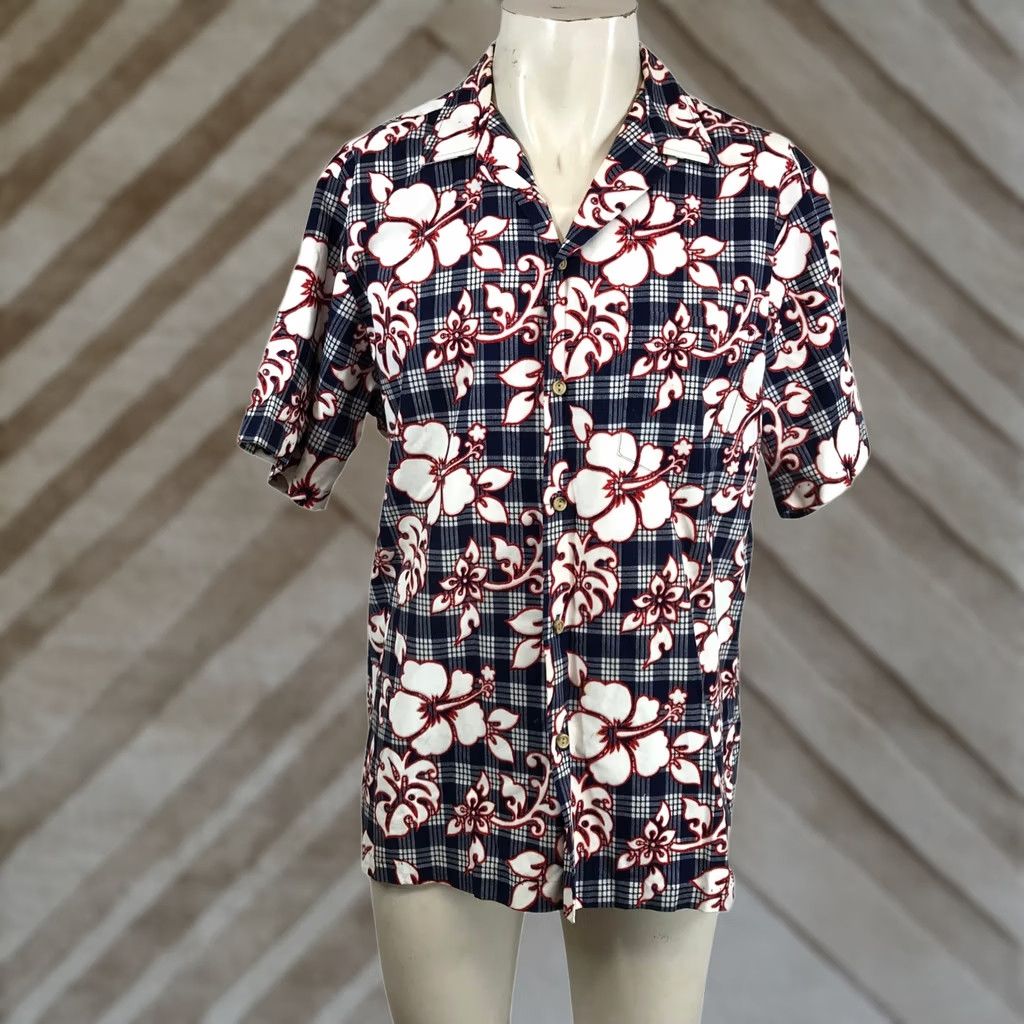 ALOHAS RJC Hibiscus Floral Plaid Aloha Shirt Navy White Red USA Made Mens L Shirt Size US L / EU 52-54 / 3 - 1 Thumbnail