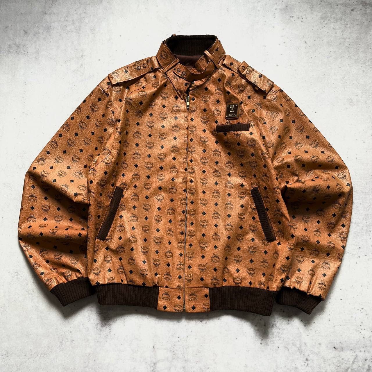 image of Rare 1980S MCM Monogram Leather Jacket in Brown, Men's (Size Large)