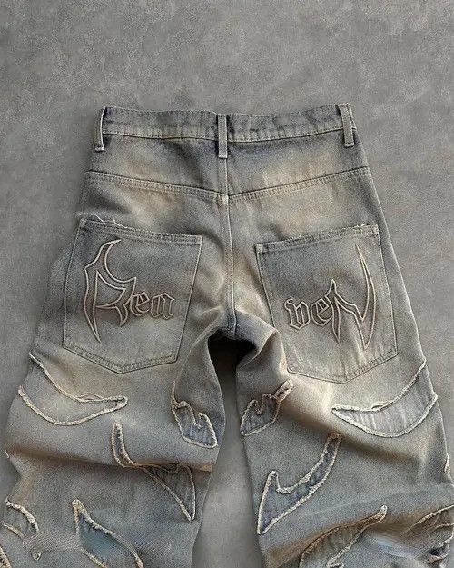 Designer Retro Raw Edge Embroidery Baggy Jeans Size US 29 - 4 Thumbnail