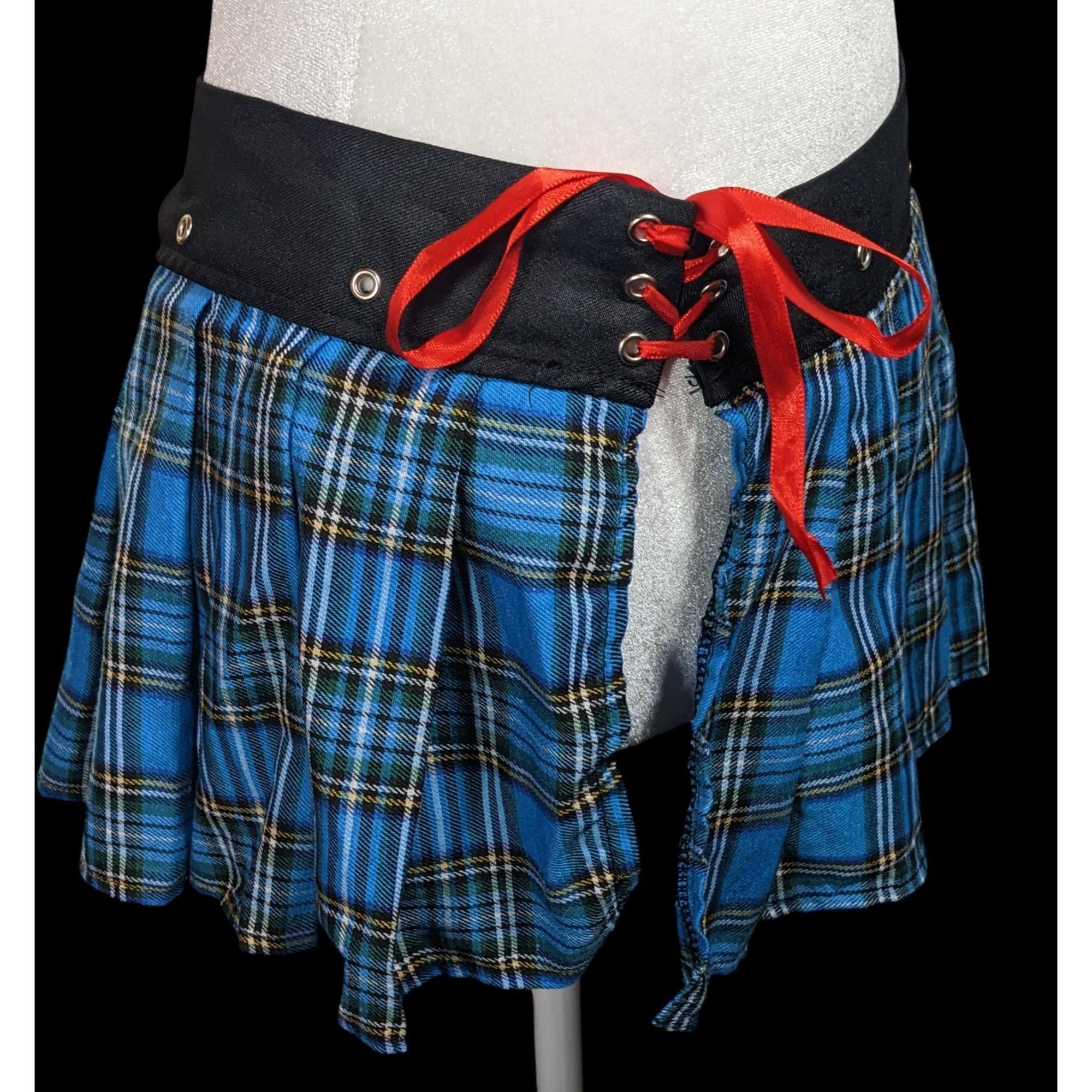 Other Gothic Punk Blue Plaid Pleated Tie On Mini Skirt Size 34" / US 12 / IT 48 - 3 Thumbnail