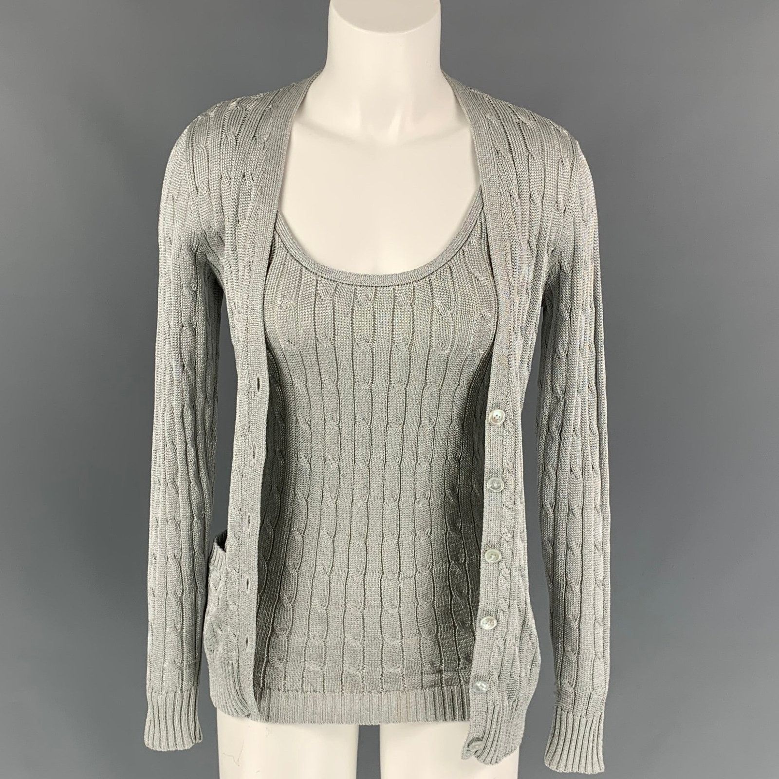 Ralph Lauren RALPH LAUREN Black Label S Silver Cable Knit Cardigan Set Size S / US 4 / IT 40 - 2 Thumbnail