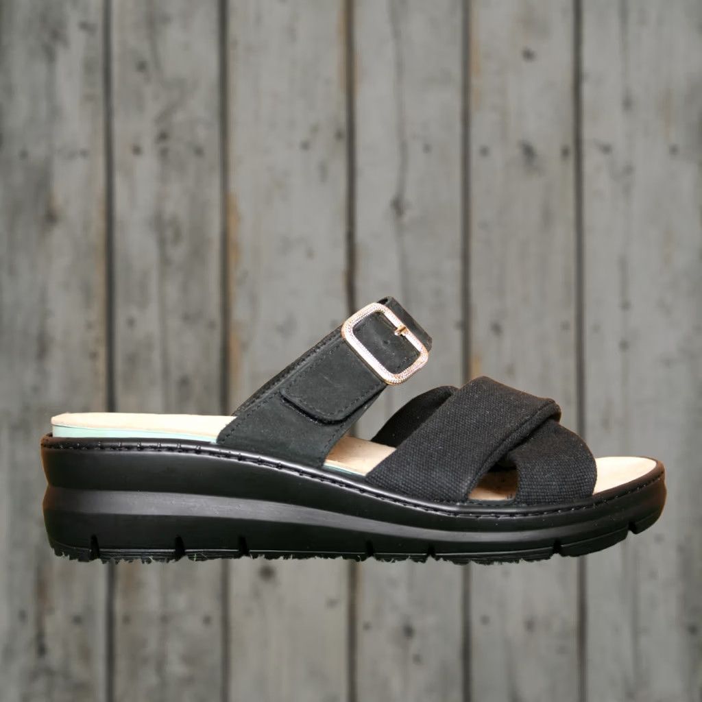 Vintage LA PLUME Slide Sandals Women Nubuck Canvas Black 8-8.5 EUR 39 Made in Italy Removable Insoles Size US 8.5 / IT 38.5 - 1 Thumbnail