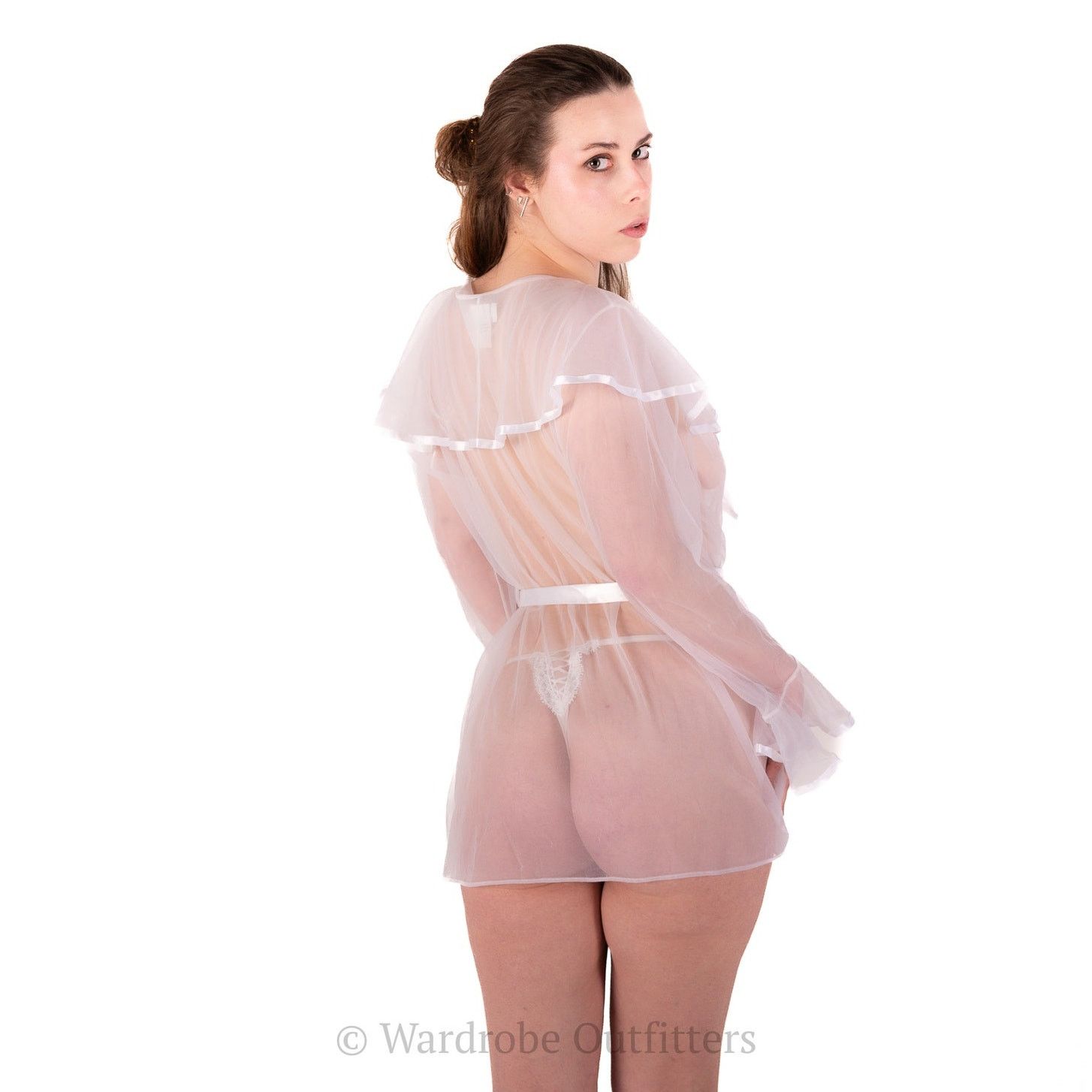 Designer White Sheer Mesh Lace Belted Robe Lingerie Size ONE SIZE - 7 Thumbnail