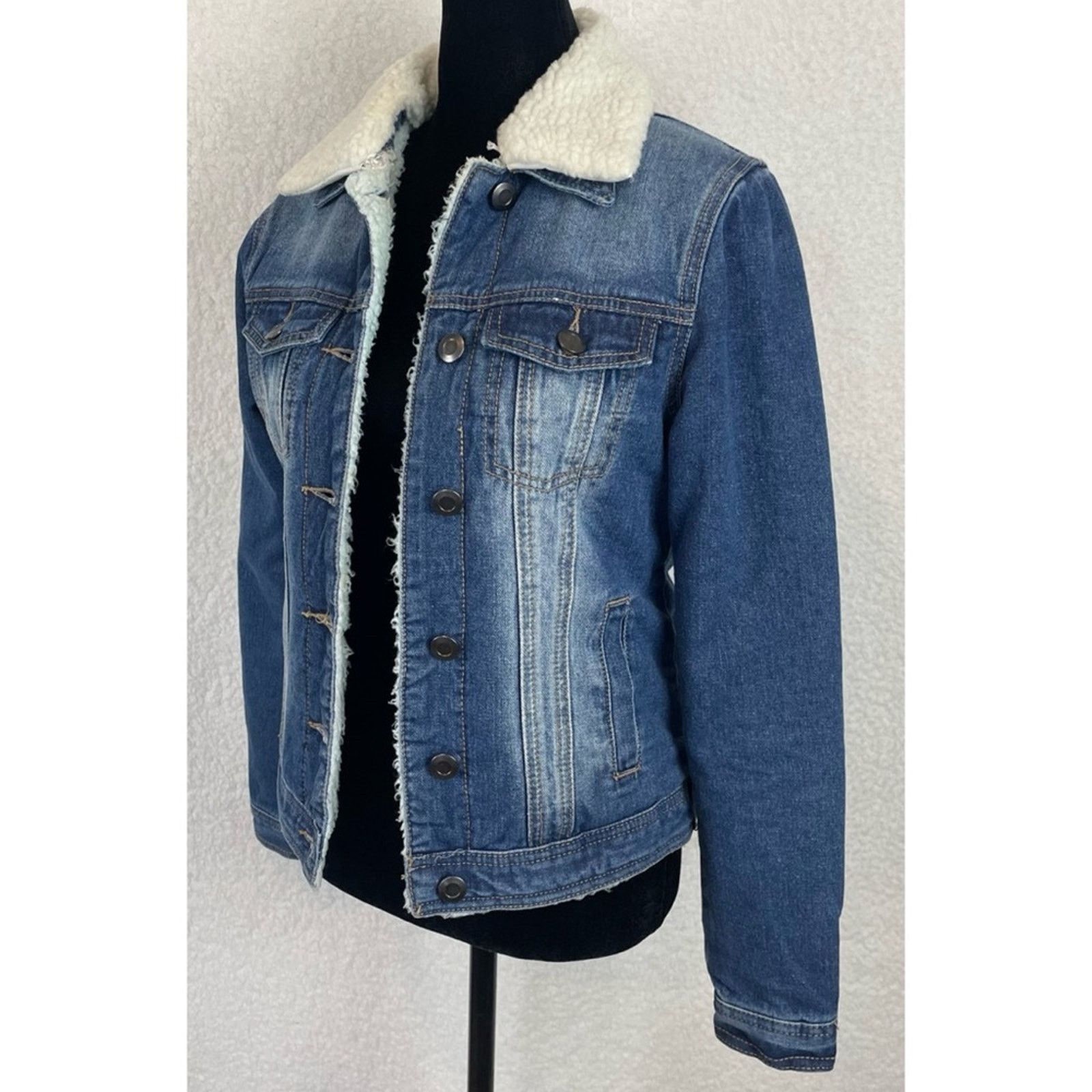 Boohoo BOOHOO • Blue/White Denim Sherpa-Lined Collared Jacket Size XS / US 0-2 / IT 36-38 - 4 Thumbnail