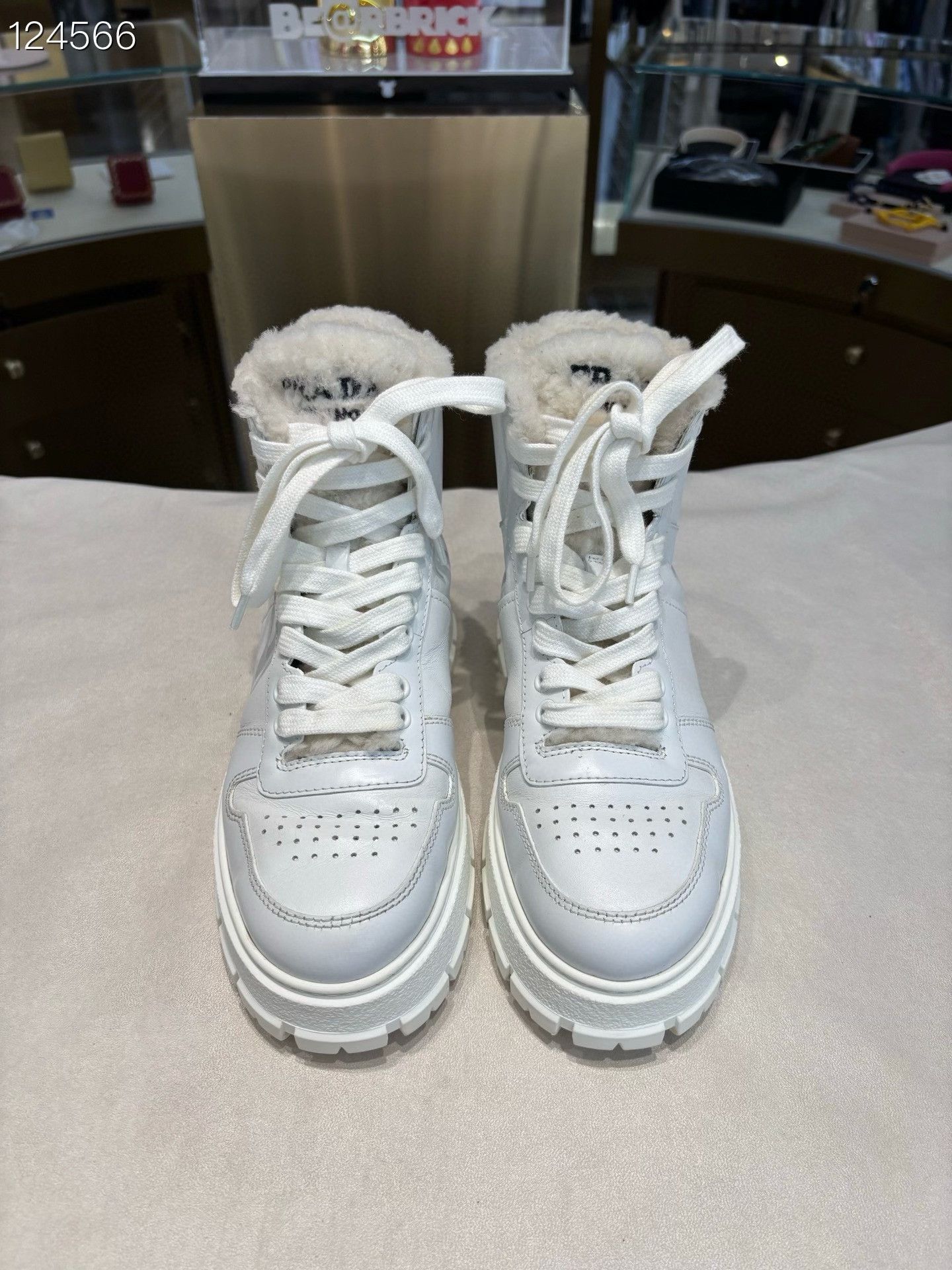 Prada Prada White High-Top Logo Fur Sneakers Size US 5.5 / IT 35.5 - 1 Thumbnail