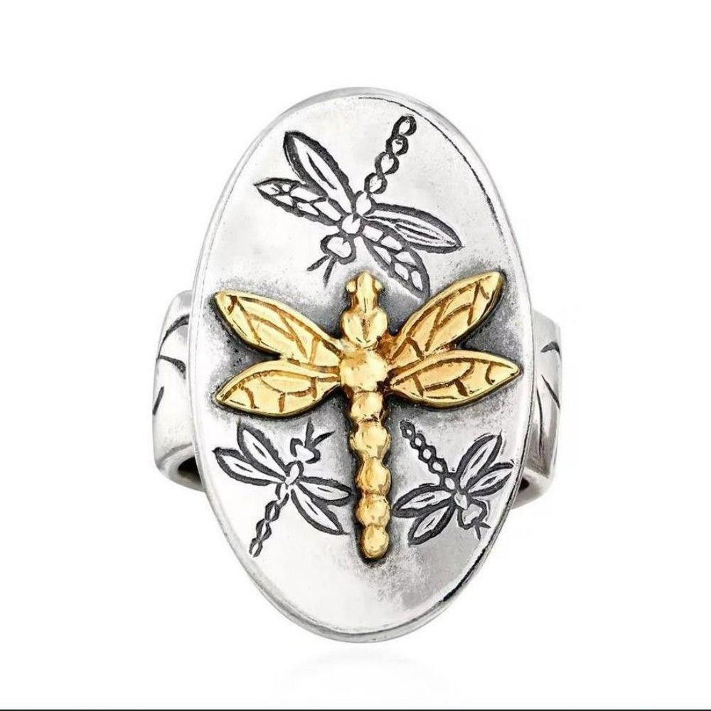 Designer Sterling Silver Oval Golden Dragonfly Signet Ring - Size 5 Size ONE SIZE - 2 Thumbnail