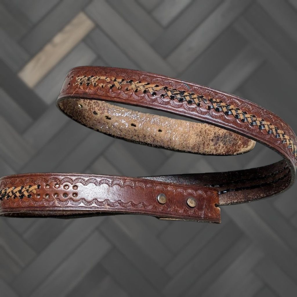 Vintage VINTAGE handcrafted brown COWHIDE leather WESTERN belt 36 Men XS? Size 36 - 1 Thumbnail