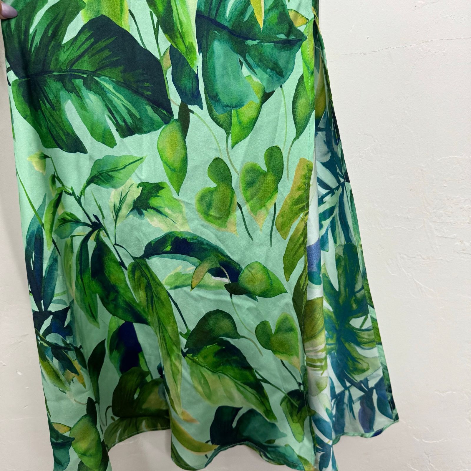 Zara Green Tropical Palm Leaf Satin Long Maxi Slip Dress XS