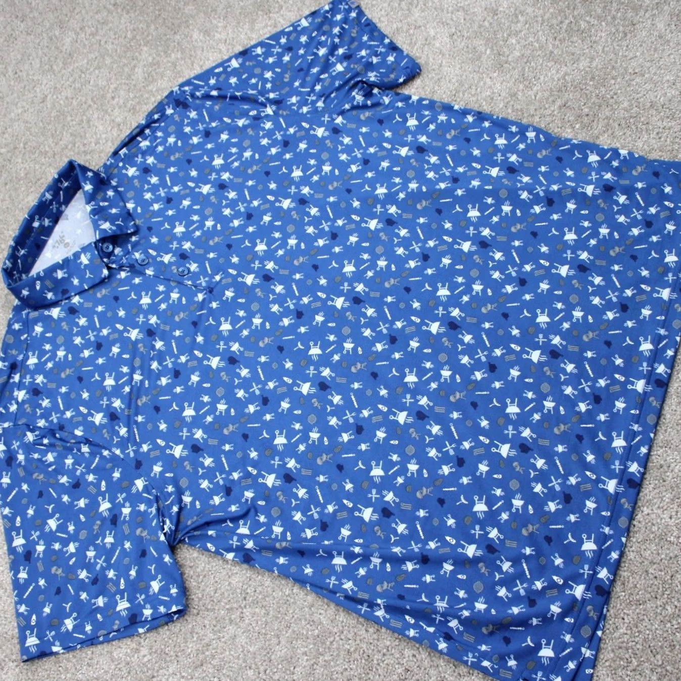 Vintage 1764 Polo Shirt Mens XL Blue Geometric All Over Print Stretch S/S Golf Polo Size US XL / EU 56 / 4 - 6 Thumbnail